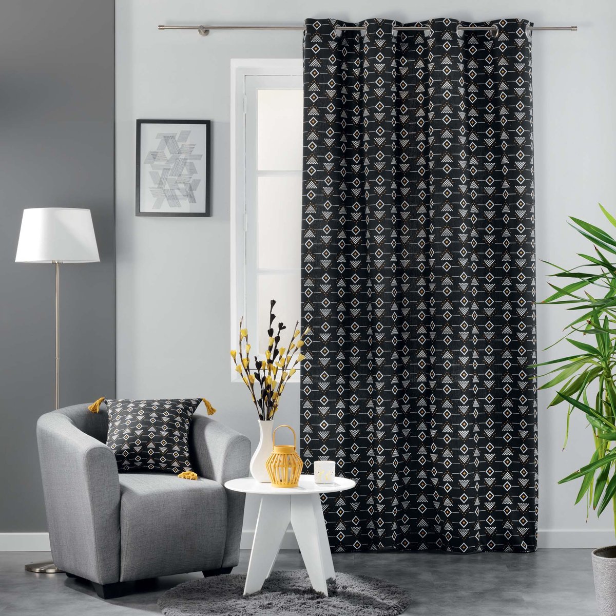 1 Rideau a oeillet 140x240 cm geometrique Letiko blanc noir, EDEN