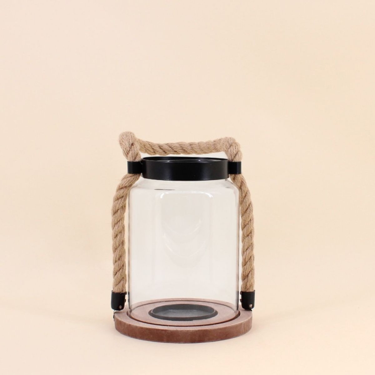 Lanterne en verre poignée corde 16x19cm beige, ORNAMI