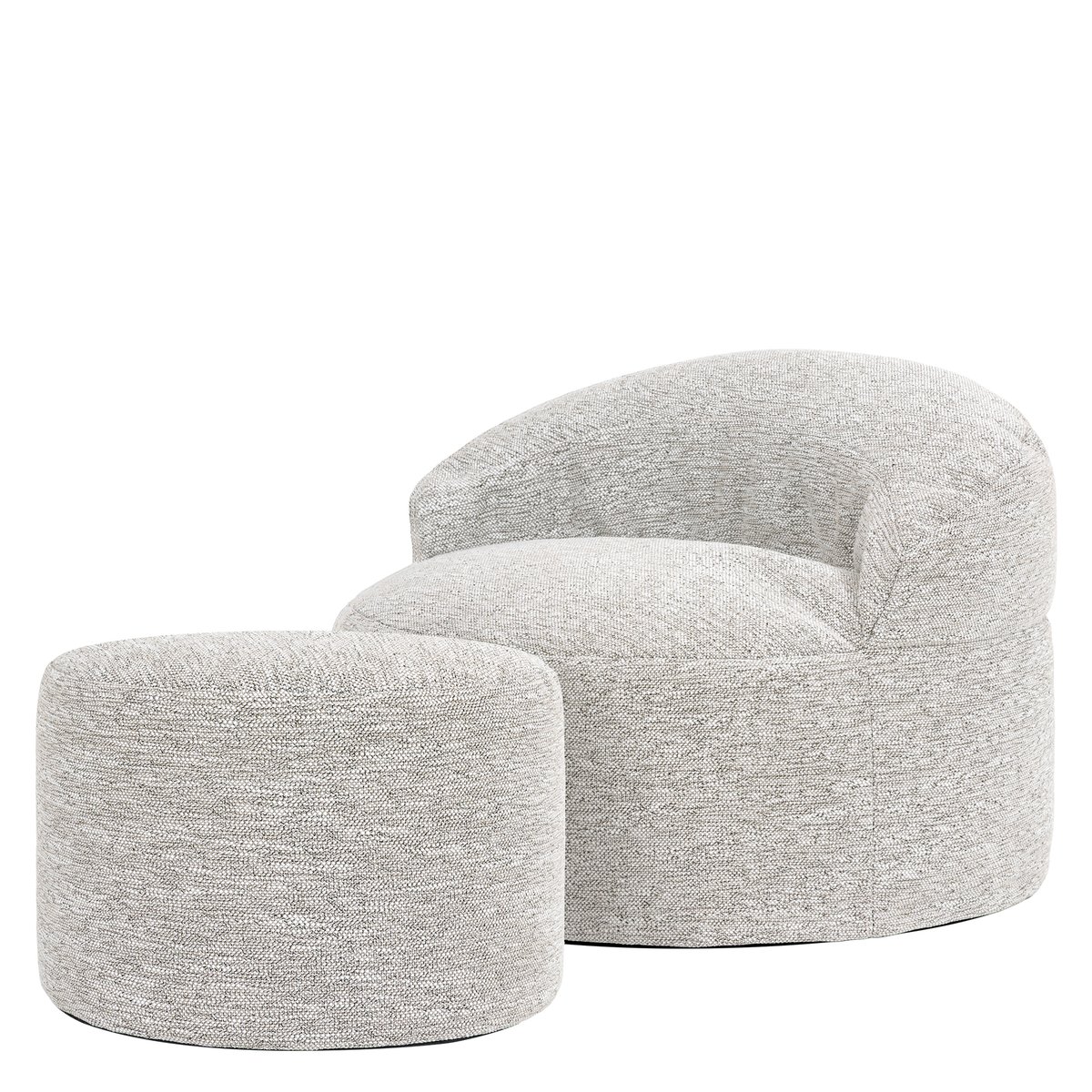 Pouf fauteuil d’appoint décoratif et son repose-pied rond en tissu tissé Oeko-Tex® - ORB naturel beige, ICON