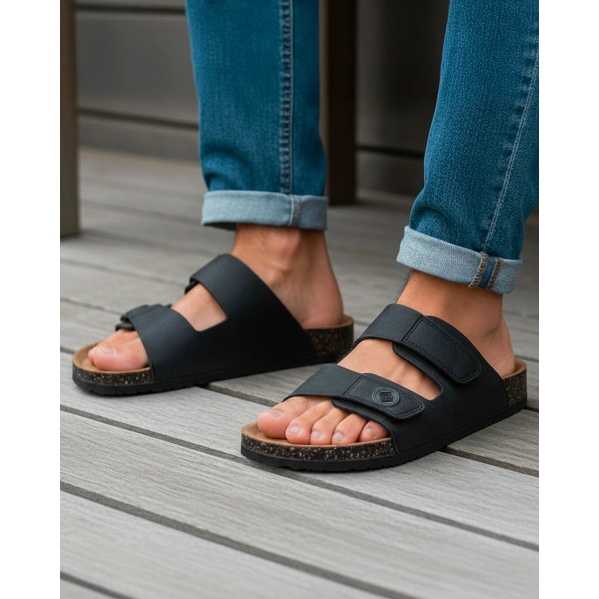 Sandales à doubles bride scratch, semelle intérieur patch talon ultra confortables noir, ISOTONER