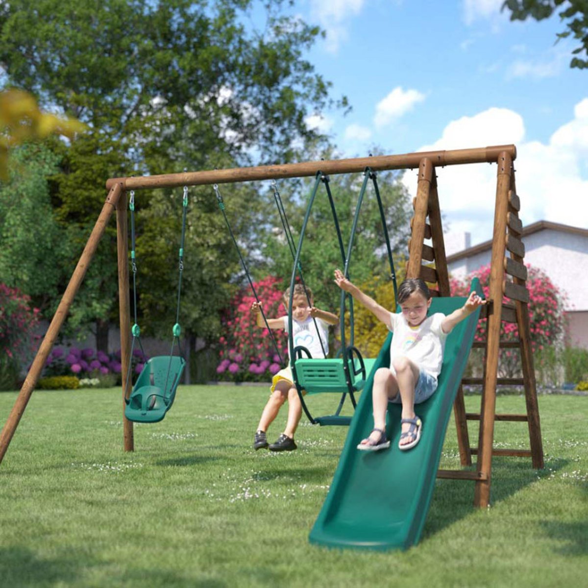 Portique en bois rond 3 agrès et toboggan COLZA marron, SOULET