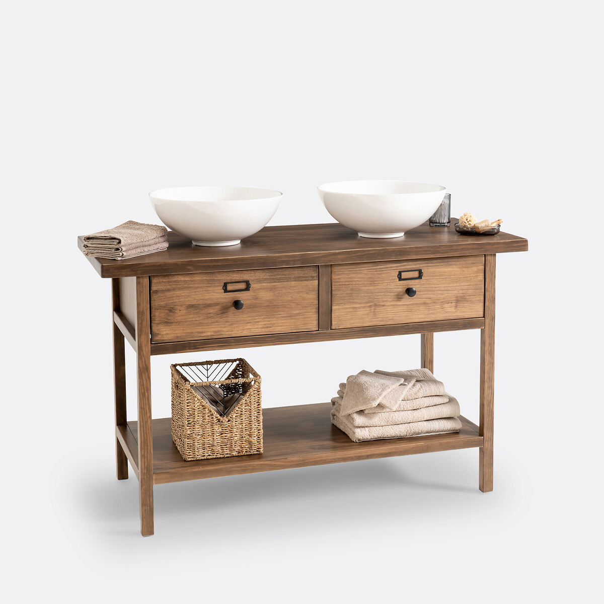Lunja Solid Pine Double Vanity Unit dark wood, LA REDOUTE INTERIEURS