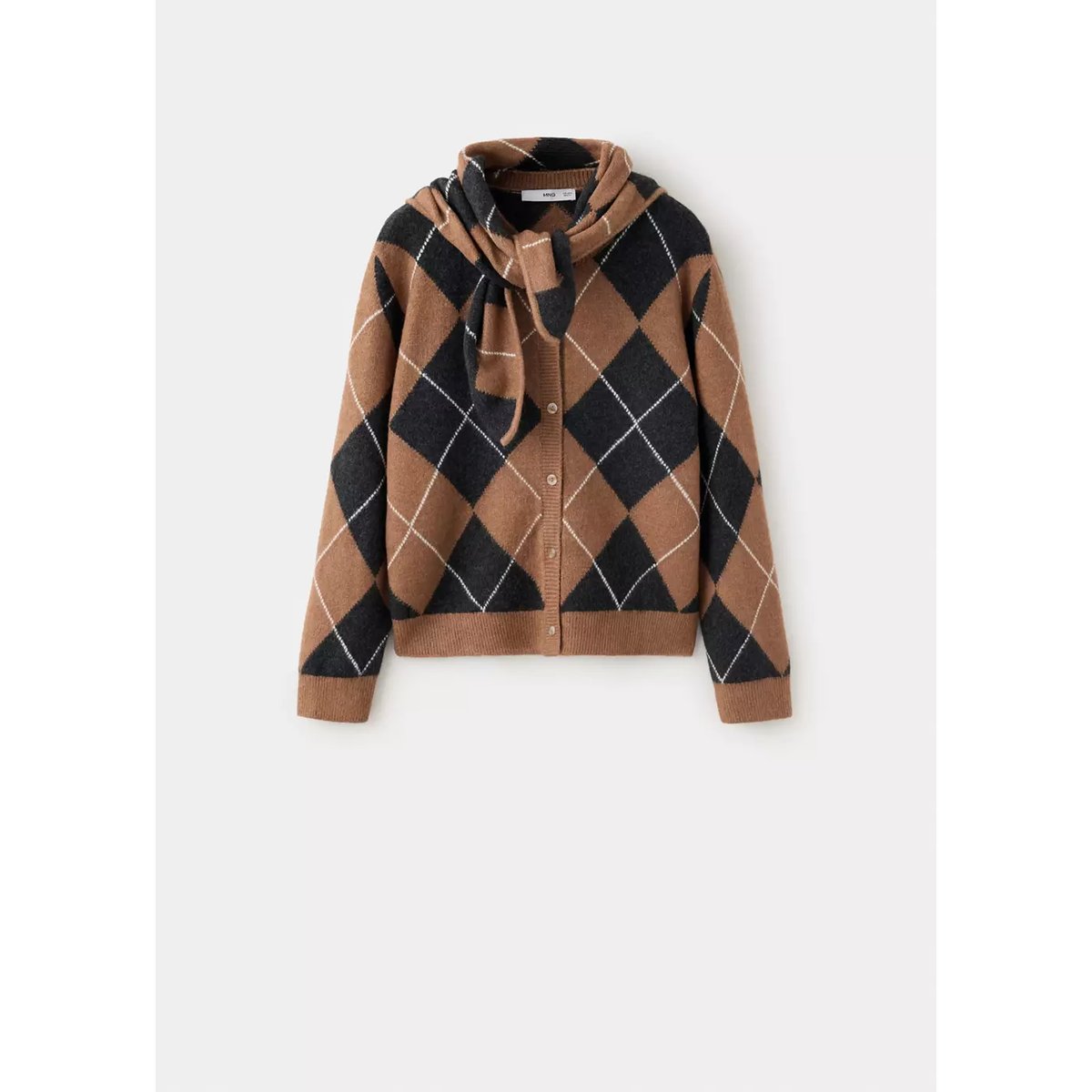 Cardigan losanges détail foulard marron moyen, MANGO