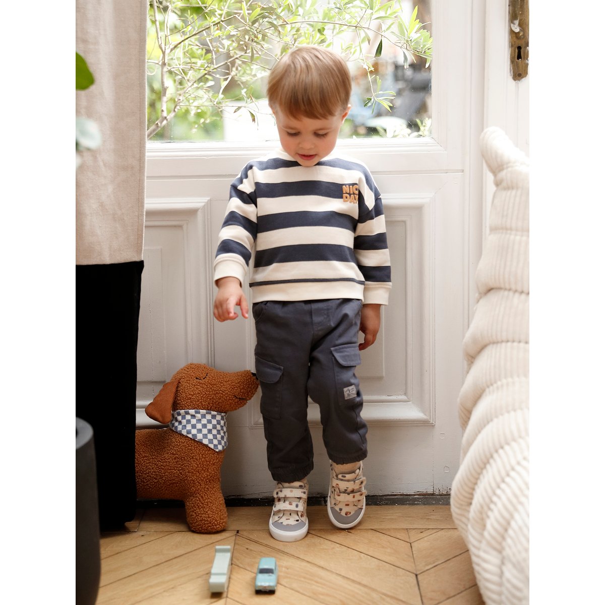 Ensemble sweat rayé + pantalon battle bébé DENIM FABRIC bleu ardoise, VERTBAUDET