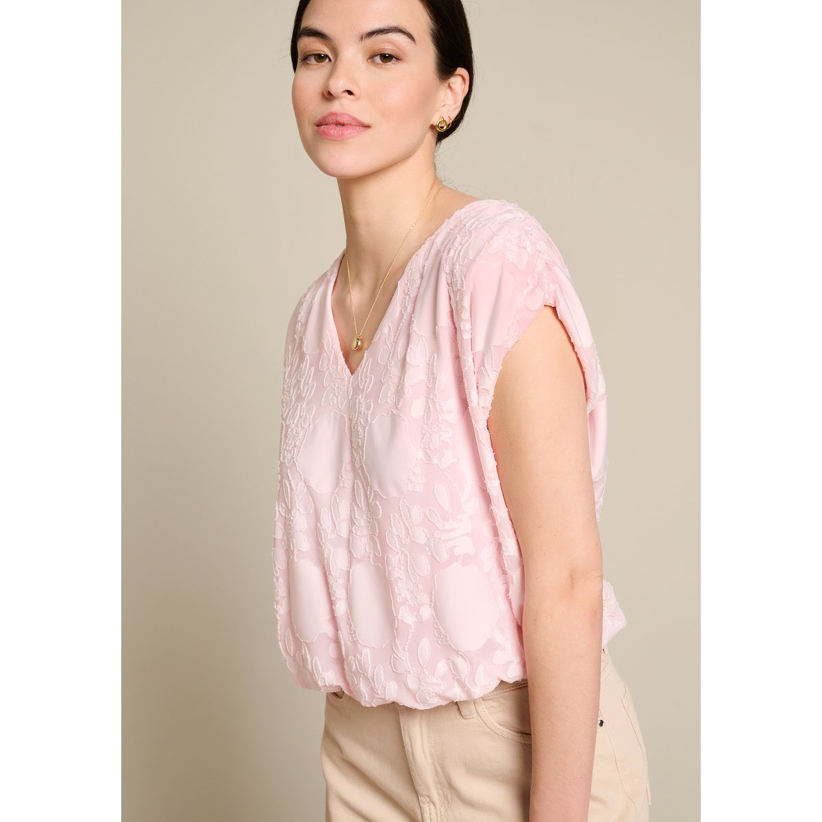 T-shirt jacquard col v rose clair, LOLALIZA