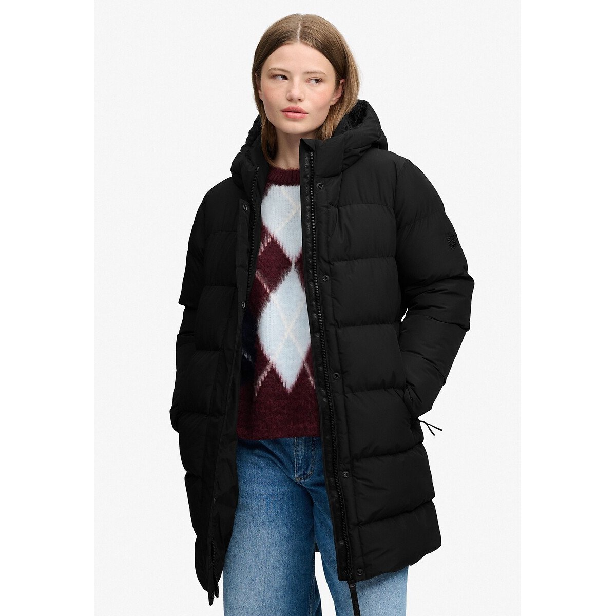 Chaqueta acolchada de largo medio con capucha Sports negro, SUPERDRY