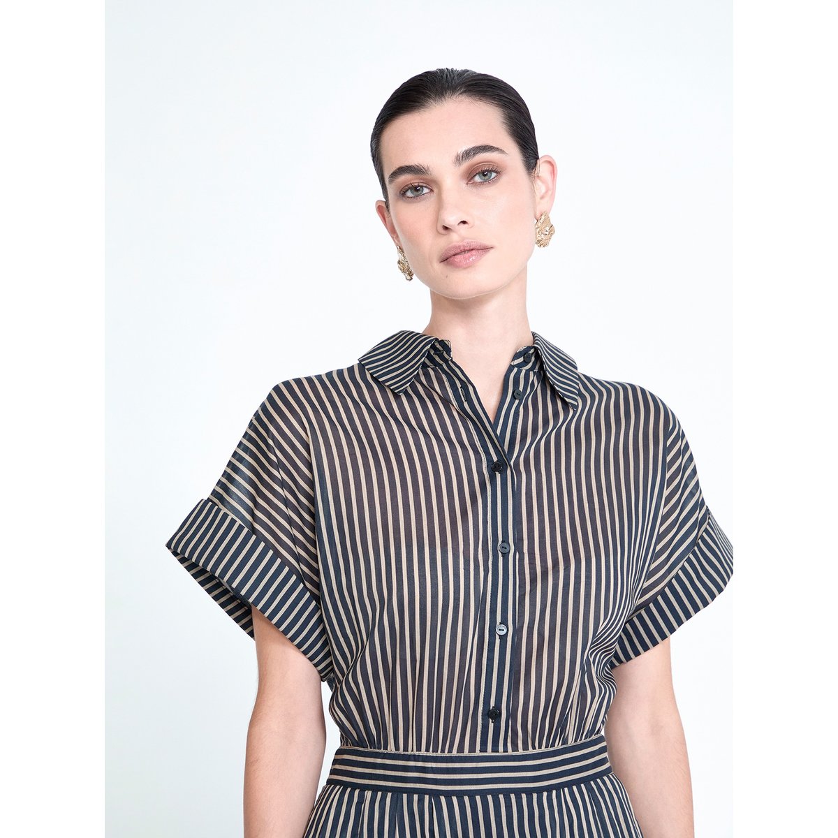 Robe midi chemise rayée à manches courtes noir, LOLA CASADEMUNT