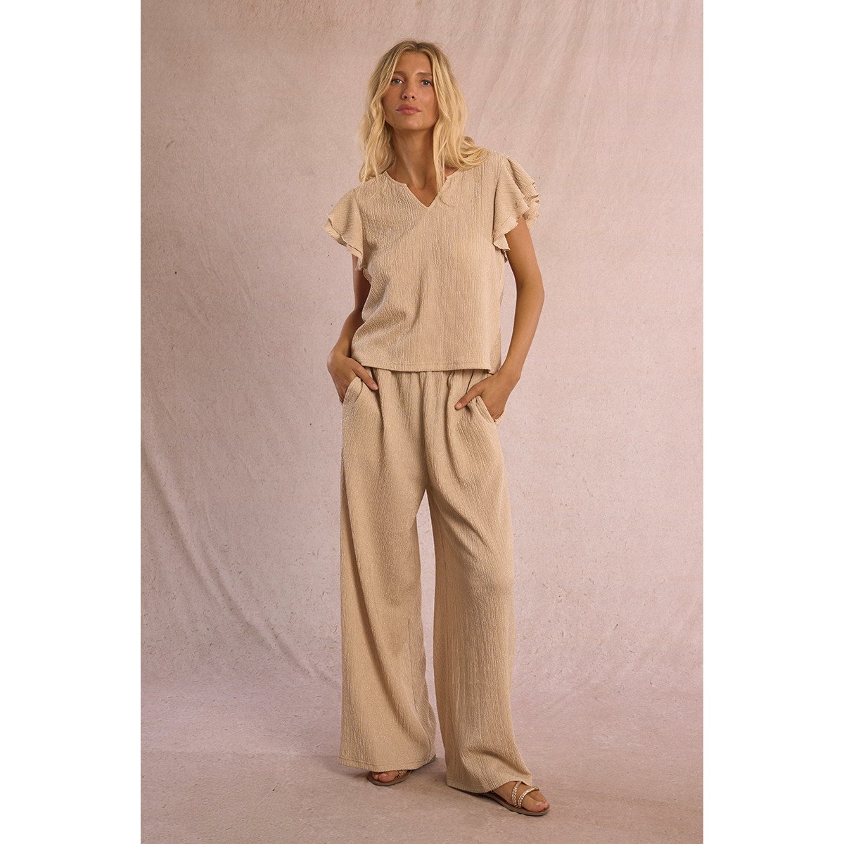 Top manches courtes volantées beige, MOLLY BRACKEN