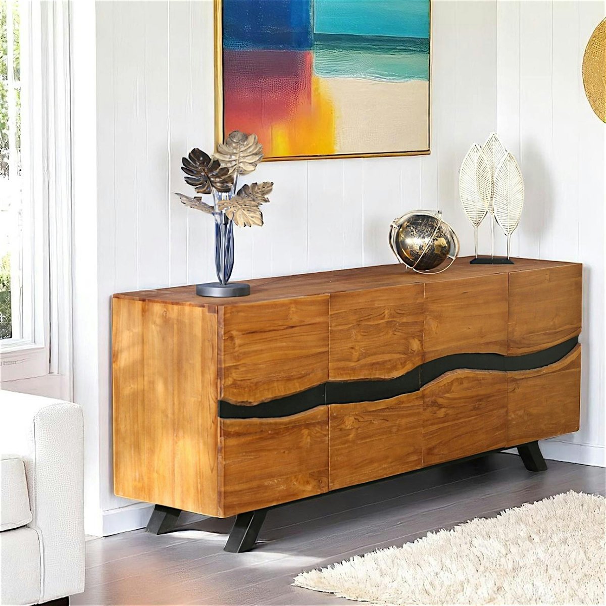 Buffet moderne bois recyclé teck laque noire 200 cm BARBADE bois naturel, PIER IMPORT