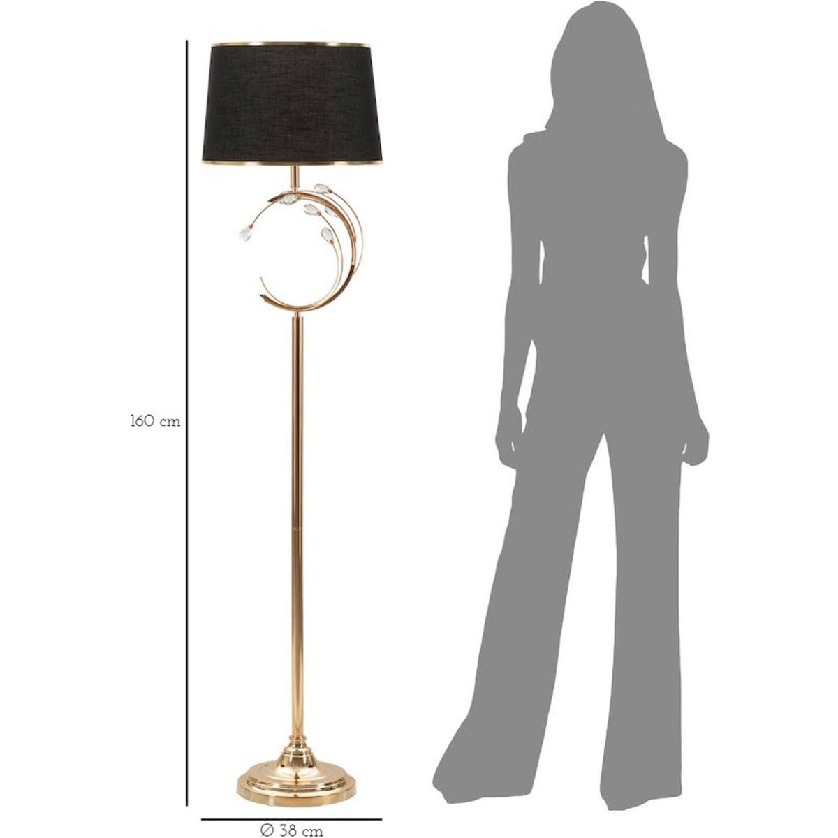 Lampadaire en fer décor floral abat-jour GLAM noir et doré, RECOLLECTION