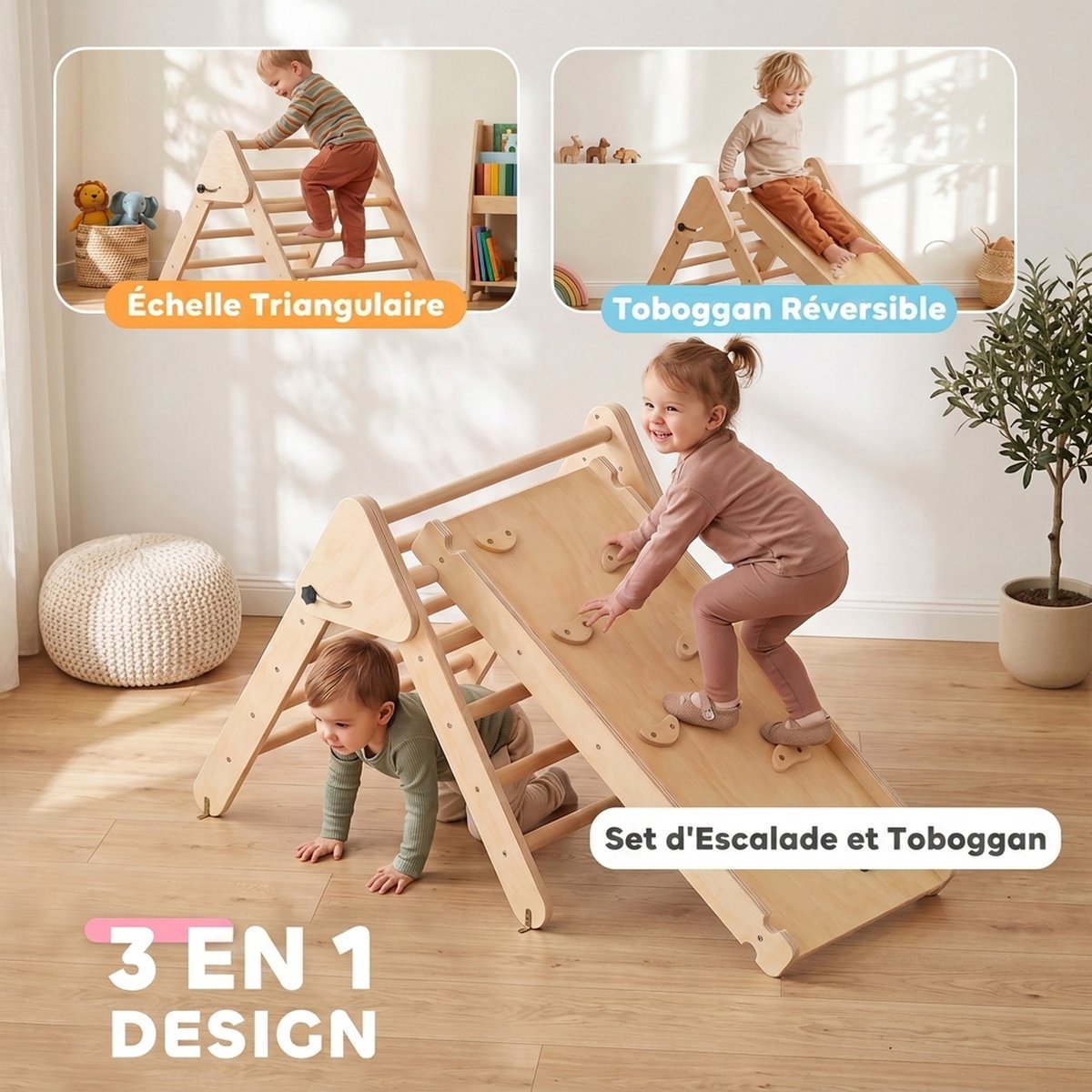 Parcours d'escalade pour enfants Panneau bois naturel, AIYAPLAY