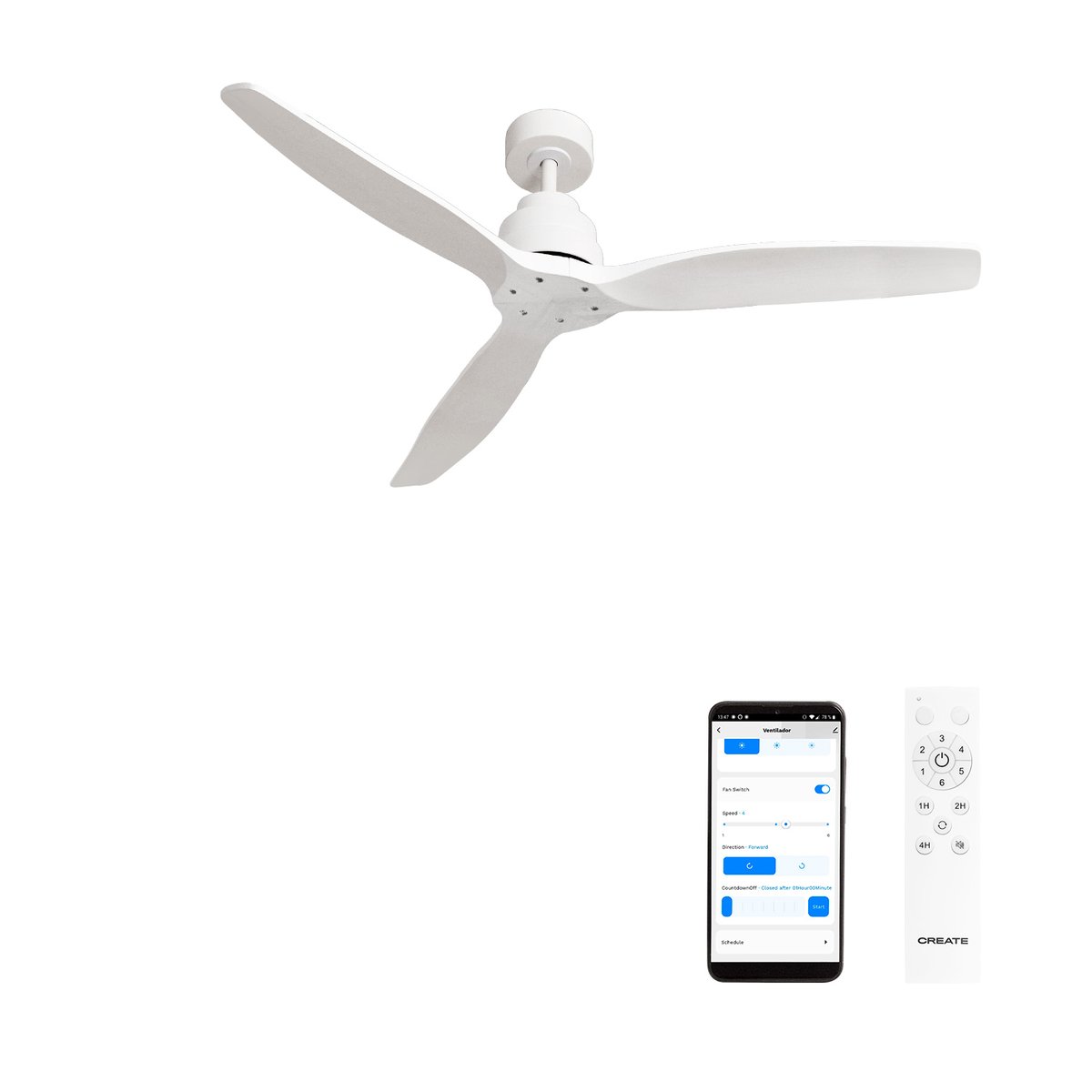 Ventilateur de plafond avec pales en ABS technique sans lumière avec Wi-Fi WIND STYLANCE blanc/blanc, CREATE
