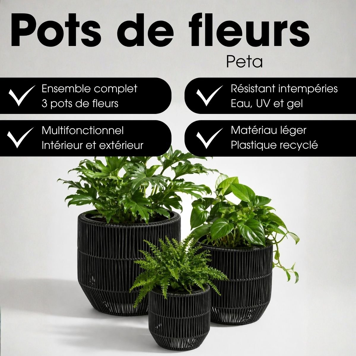 Cache-pot extérieur PETA noir, MICA DECORATIONS