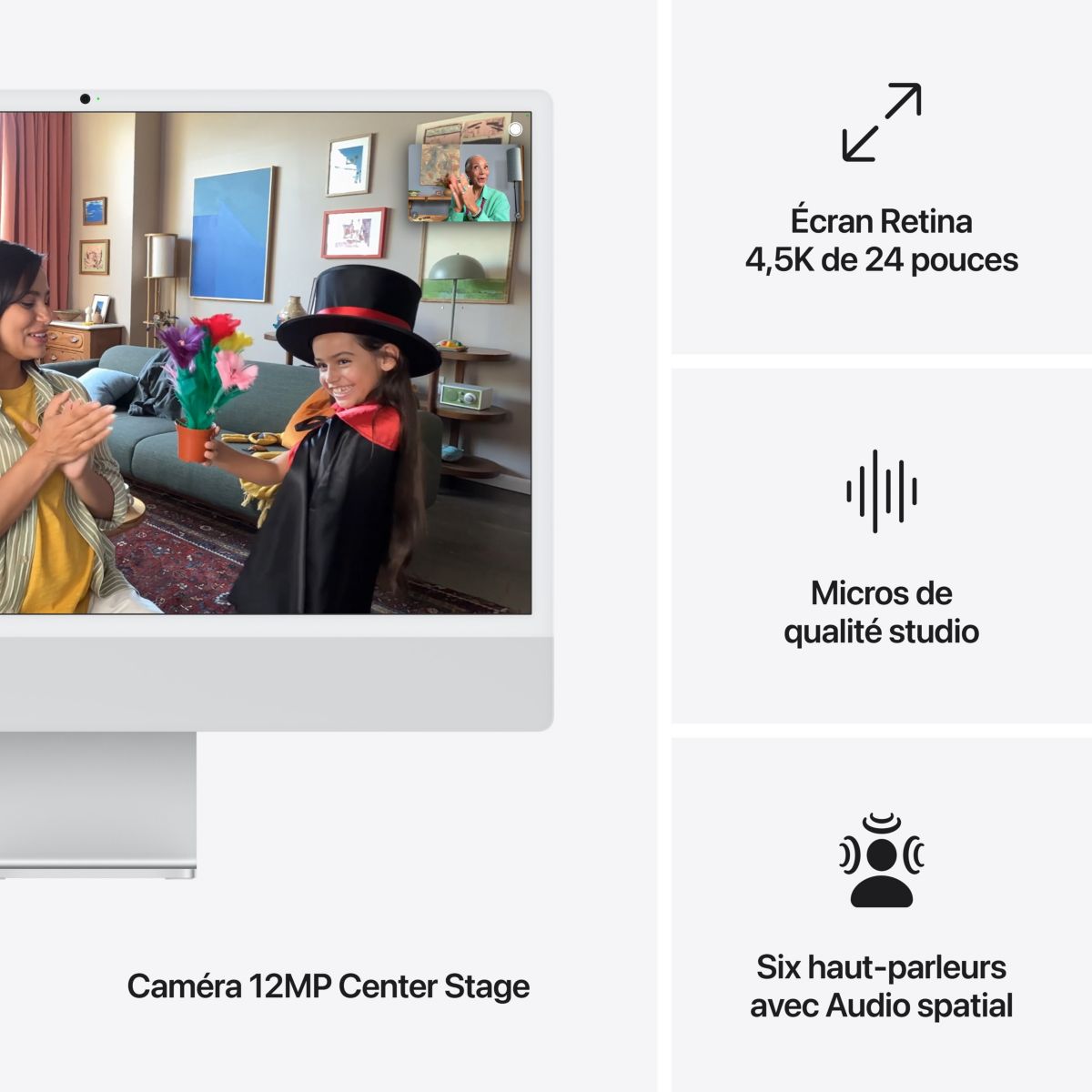 Ordinateur Apple 24" Ecran Retina 4,5K Puce M4 CPU 10 / GPU 10 coeurs Mémoire RAM 24Go Stockage 512Go SSD Argent couleur unique, APPLE