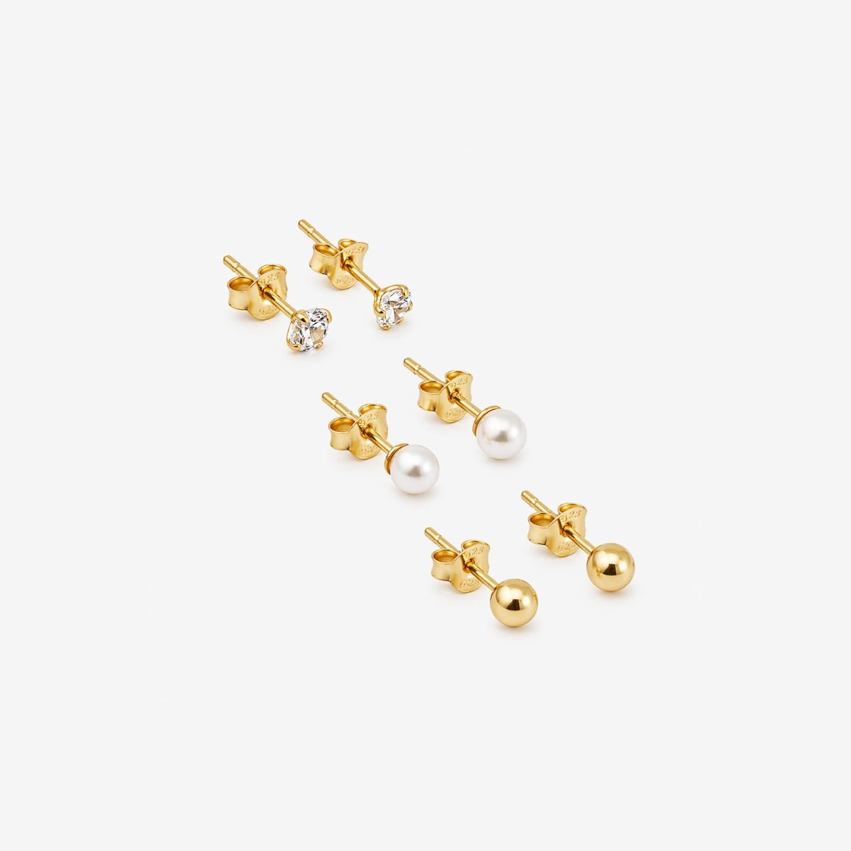Set 3 paires de puces d'oreilles boules perle et zircon - argent 925 doré doré, BALABOOSTE