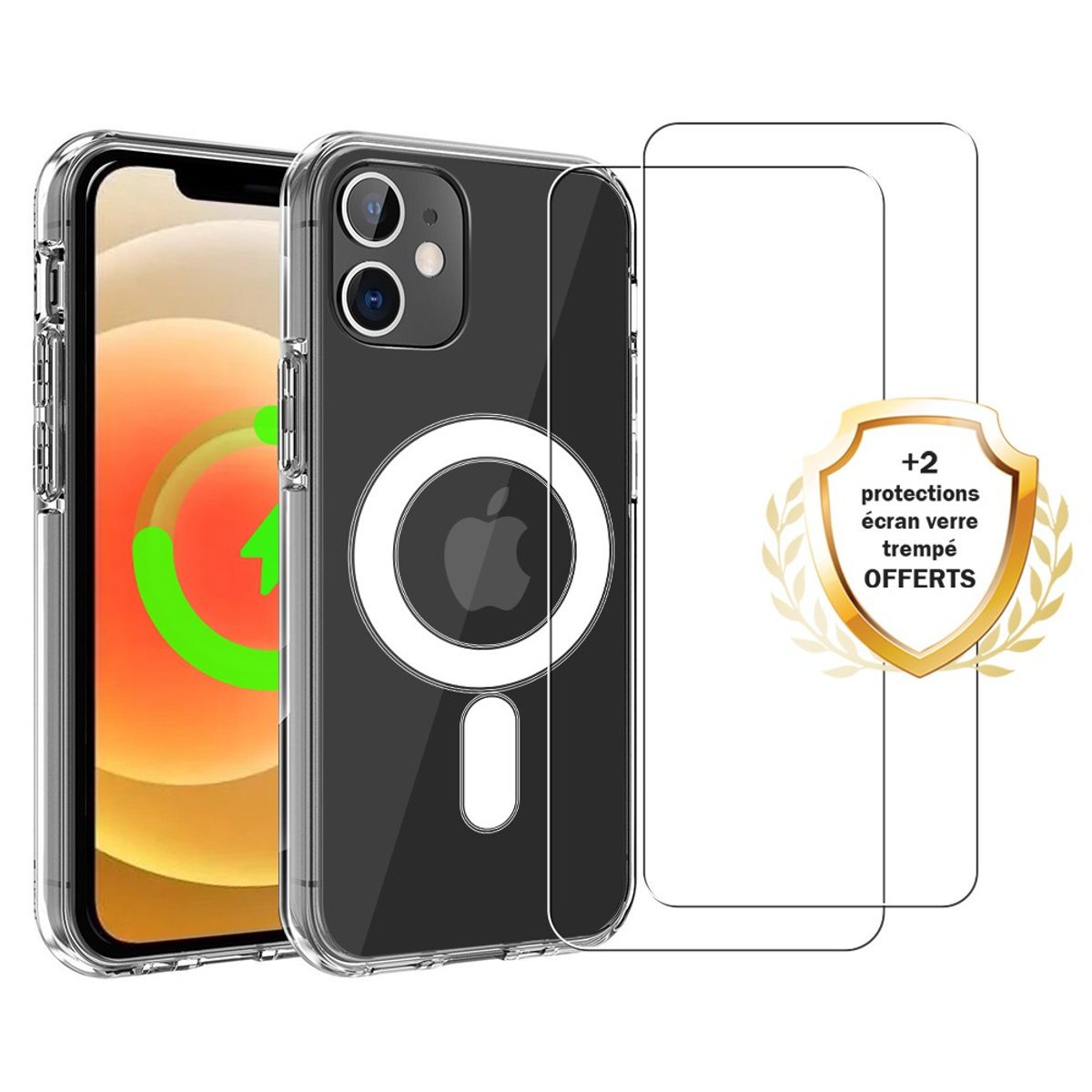 Coque Anti-choc compatible Magsafe pour iPhone 12/12 Pro Transparente + 2 vitres transparent, EVETANE