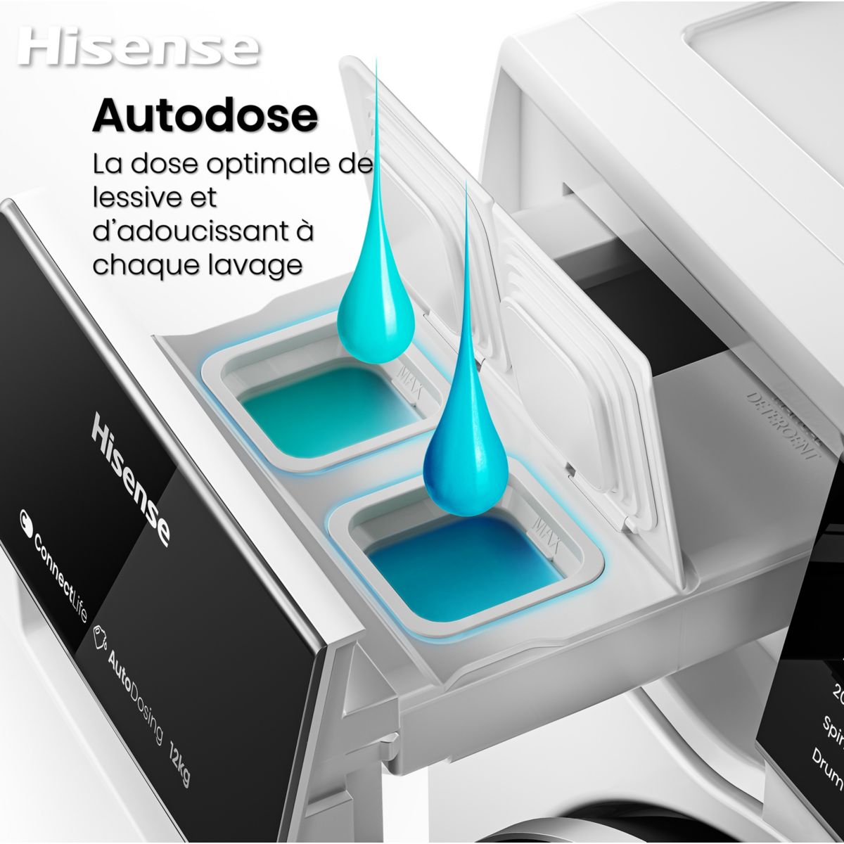 Lave linge hublot WF3S1045BW3 - 10,5 kg - 1400 tr/min - Classe A - Moteur induction - Autodosage - Connecté WiFi couleur unique, HISENSE