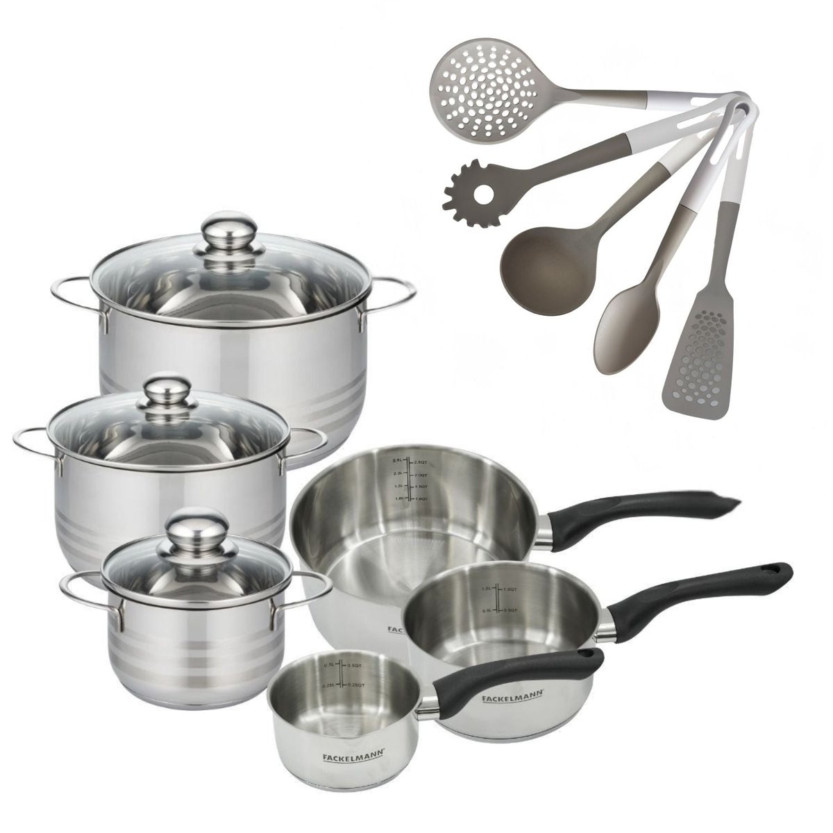 3 faitouts 16/20/24cm + 3 casseroles 12/16/20cm BRILLANT inox|noir, FACKELMANN