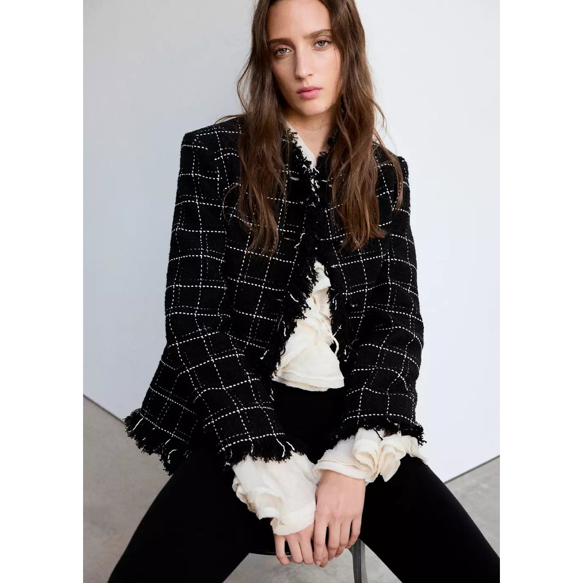 Blazer en tweed à franges noir, MANGO