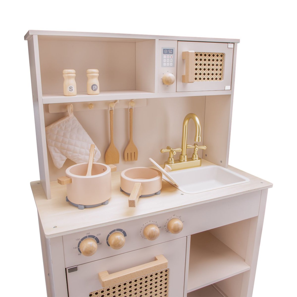 Cuisine en bois et rotin rose, NEW CLASSIC TOYS
