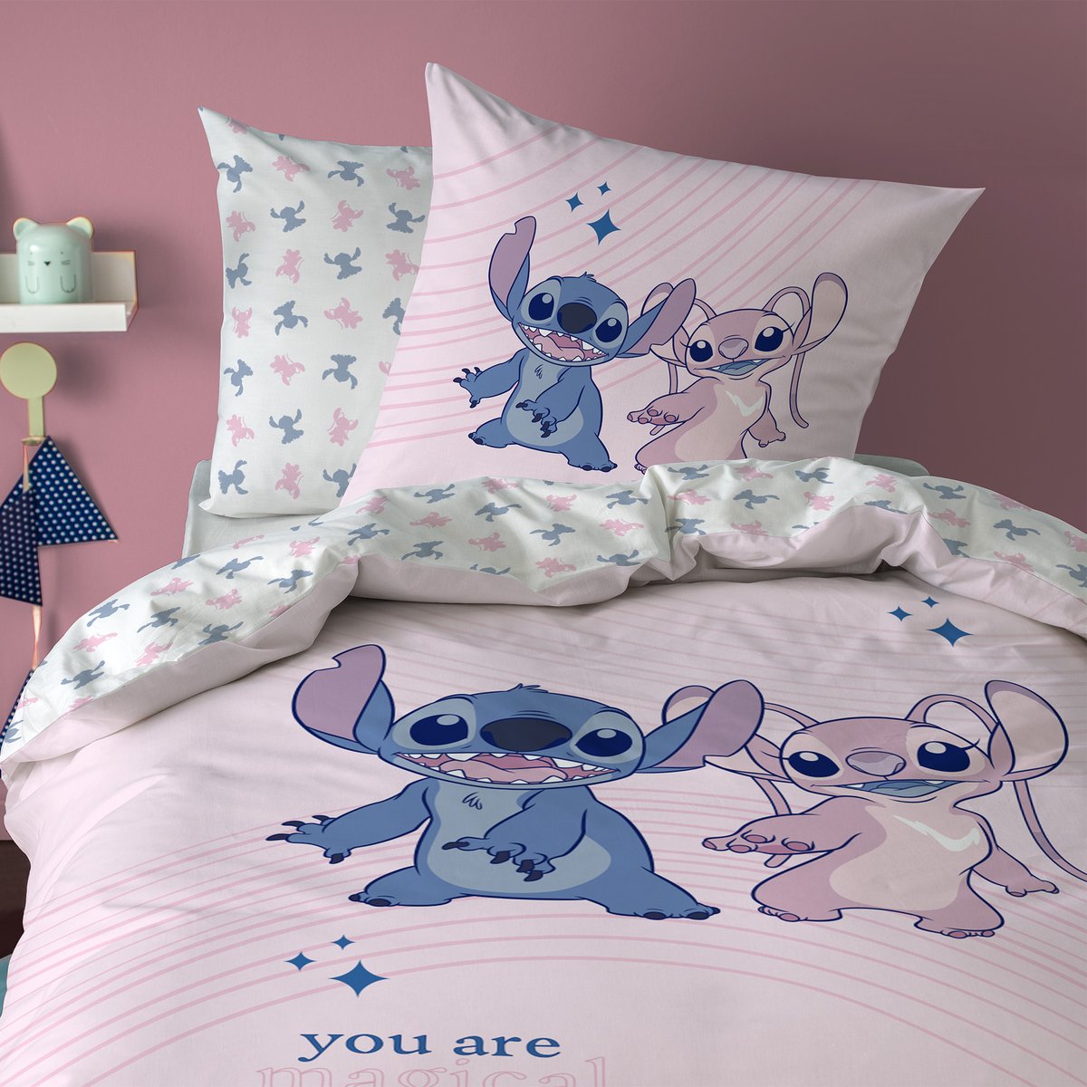 Parure de lit imprimée réversible 100% coton, AMOUR rose, DISNEY STITCH