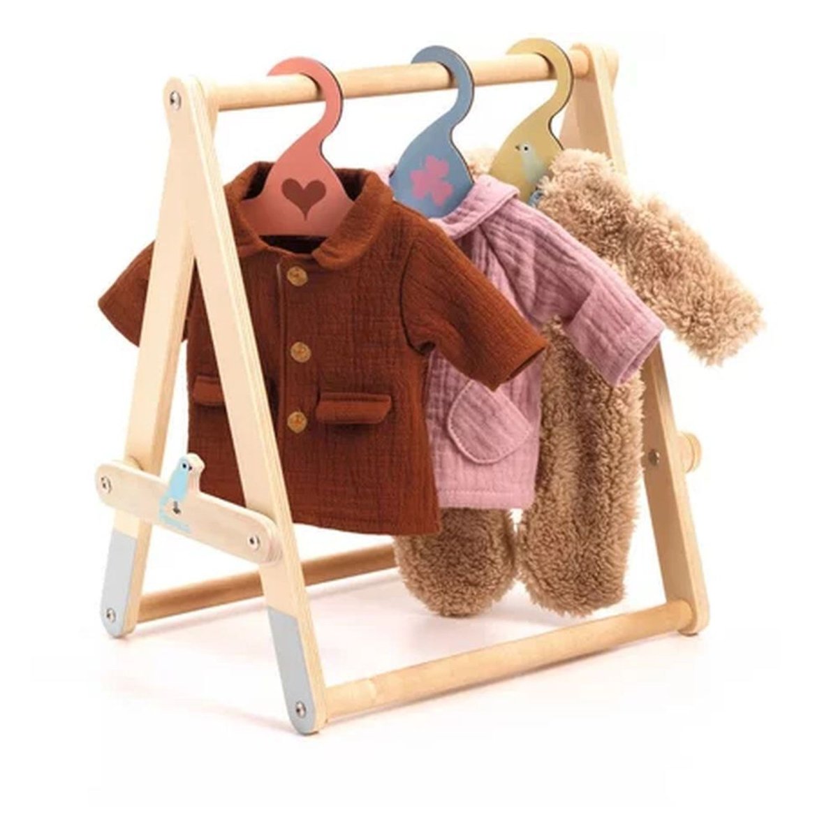 Portant et 3 cintres pour vêtements poupée bois clair, DJECO