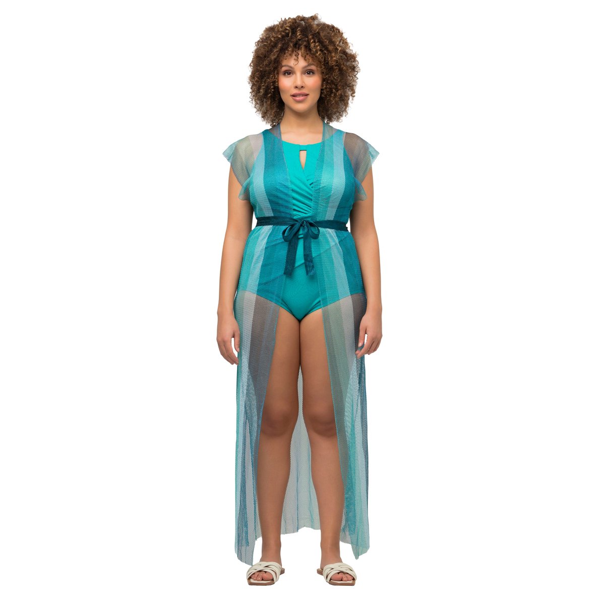 Caftan en tulle chatoyant à rayures. Coupe bleu turquoise, ULLA POPKEN