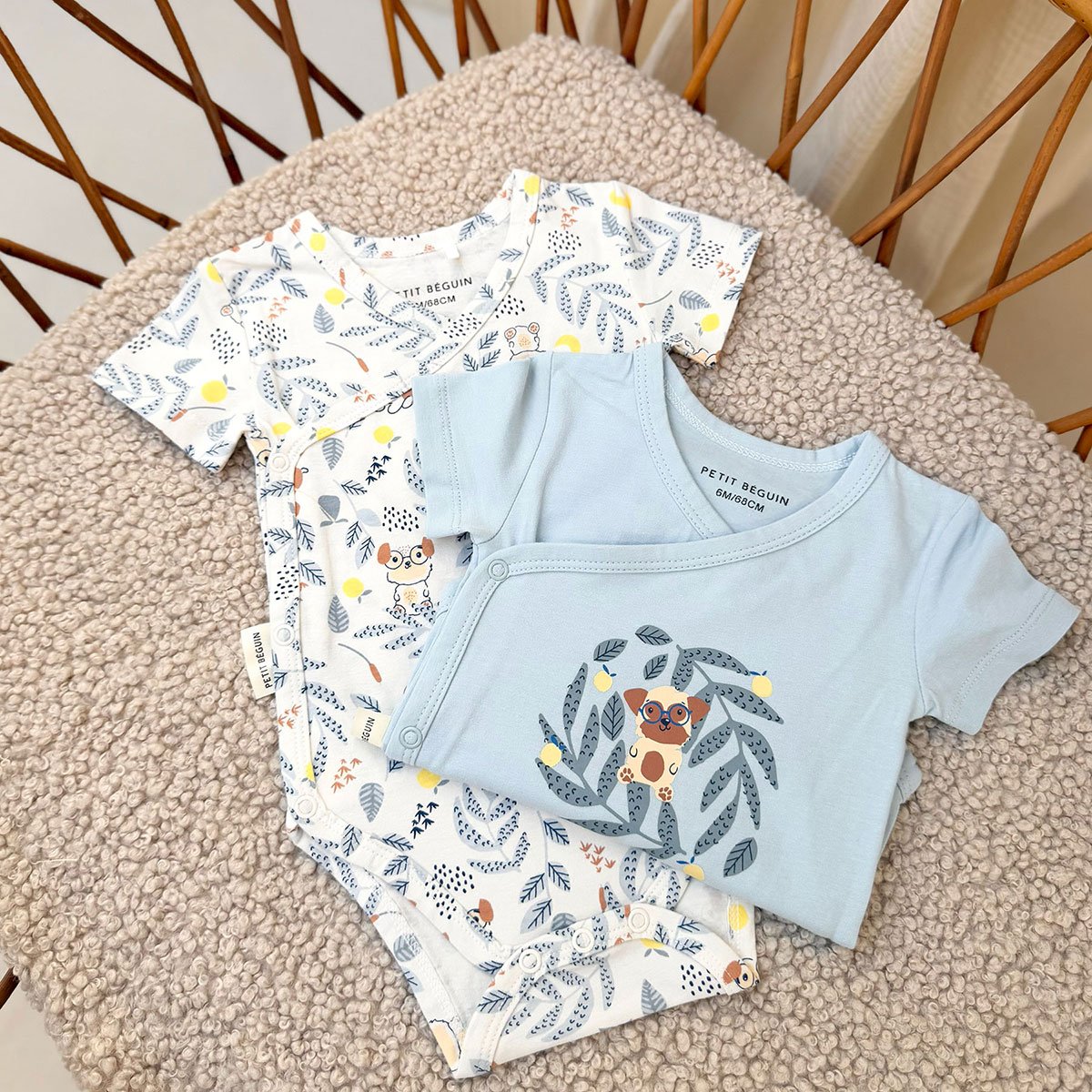 Lot de 2 bodies bébé manches courtes ouverture croisée Zeste d'amour bleu, PETIT BEGUIN