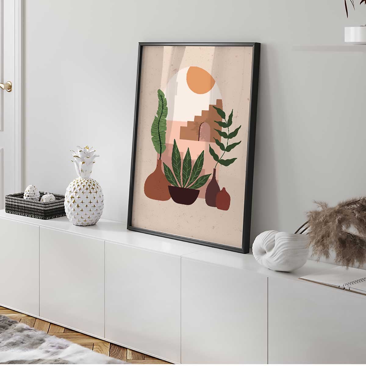 Affiche illustration plantes et architecture abstraite moderne affiche + cadre en métal - noir, HEXOA
