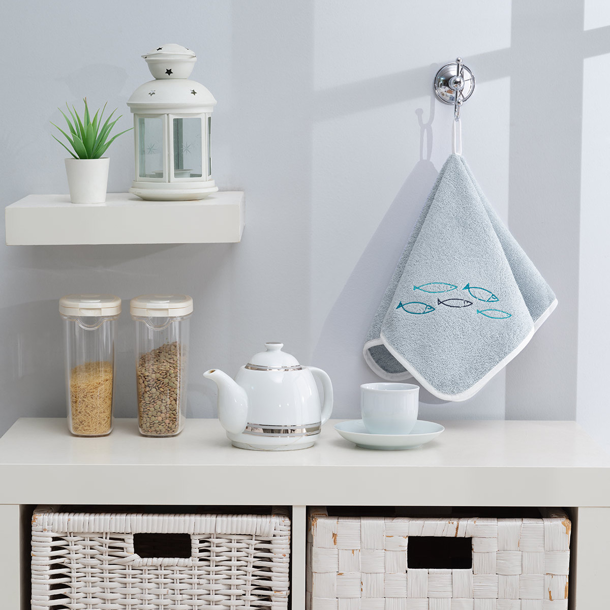 Lot de 3 torchons carrés en éponge coton OCEAN FISH blanc cassé, SENSEI MAISON