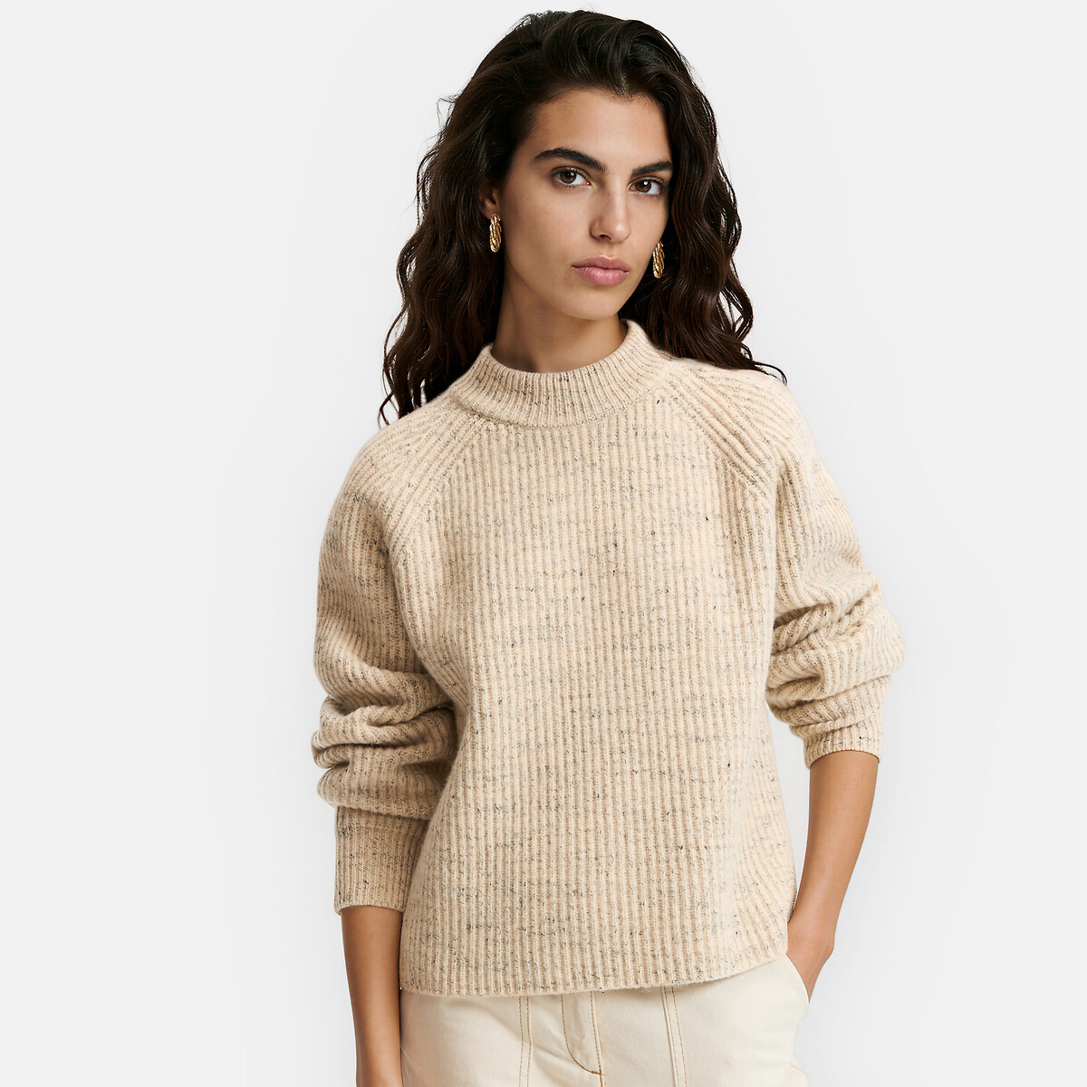 Pull col rond côtelé, en laine mélangée chinée ecru, LA REDOUTE COLLECTIONS