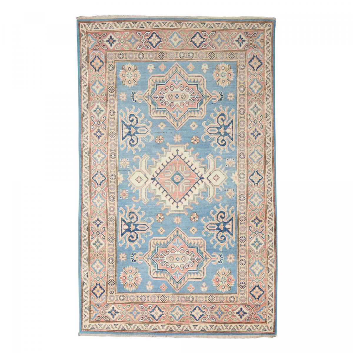 Tapis salon géométrique, laine naturelle, noué à la main, KAZAK CO 60 bleu, beige, rose, UN AMOUR DE TAPIS