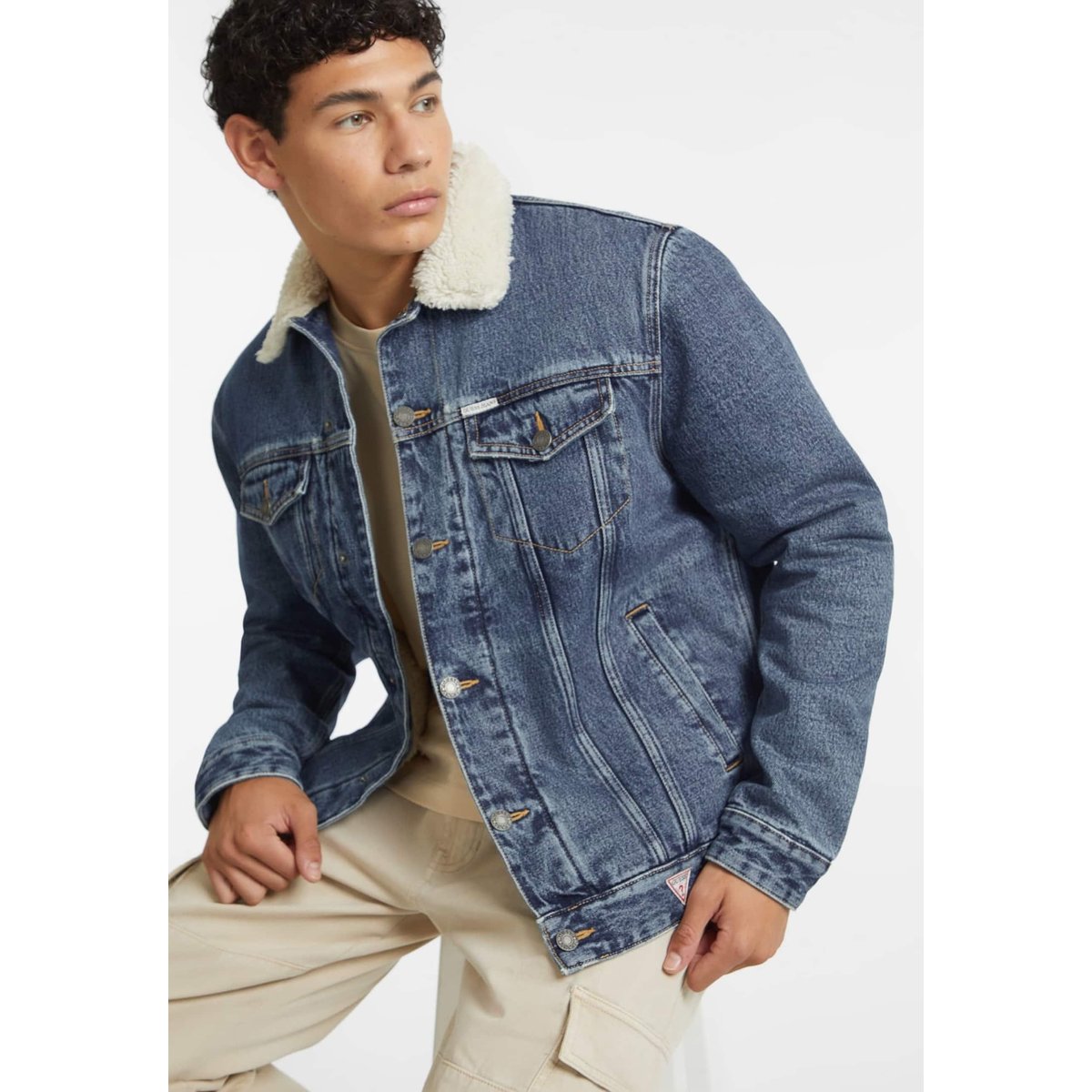 Veste Trucker Jean Col Sherpa bleu, GUESS JEANS