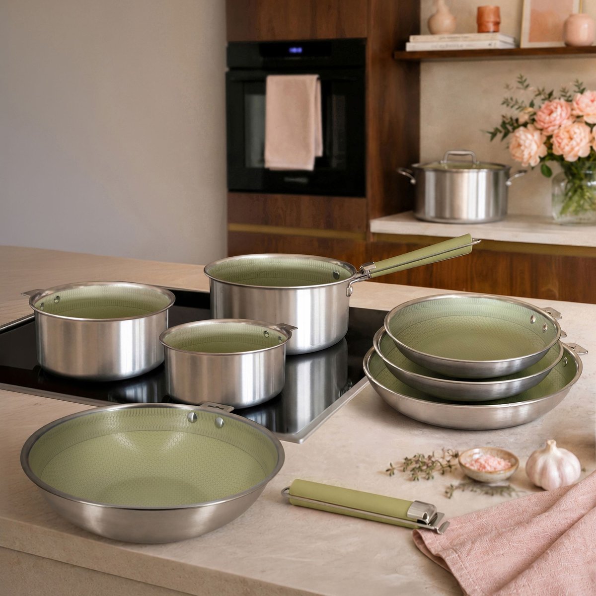 Batterie de cuisine 8 pièces en acier inoxydable avec 2 poignées, AGLAE inox-vert, MENASTYL