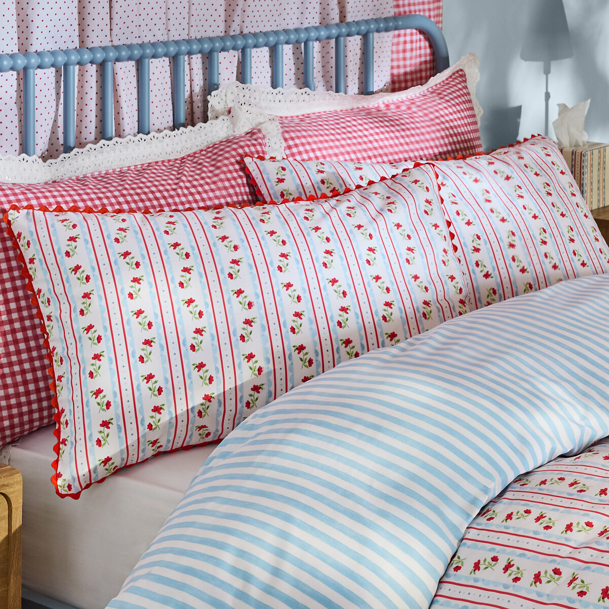 Treasure Floral Stripe Reversible Cotton Duvet Cover and Pillowcase Set red/navy, CATH KIDSTON