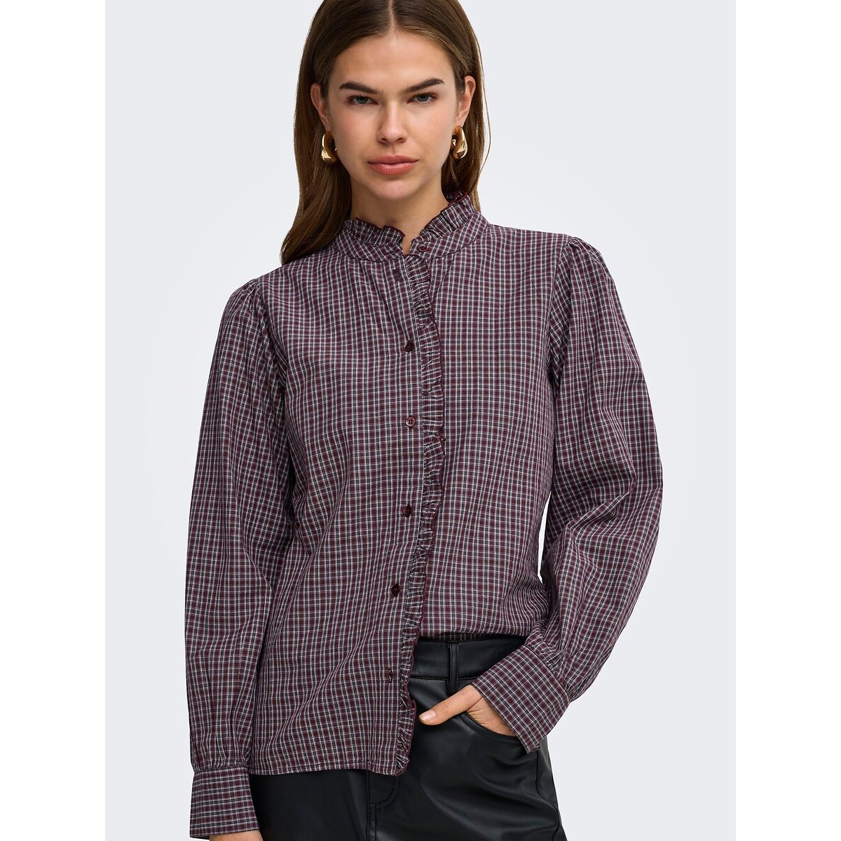 Checked Mandarin Collar Blouse printed burgundy, ONLY