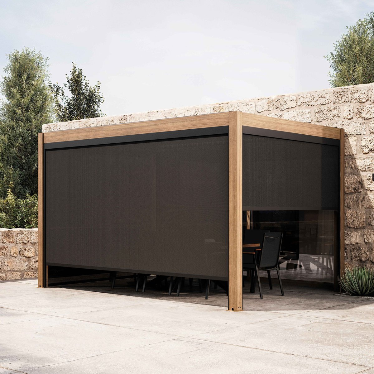 Pergola bioclimatique autoportée 3x4m et 3 stores bois gris bois, OVIALA