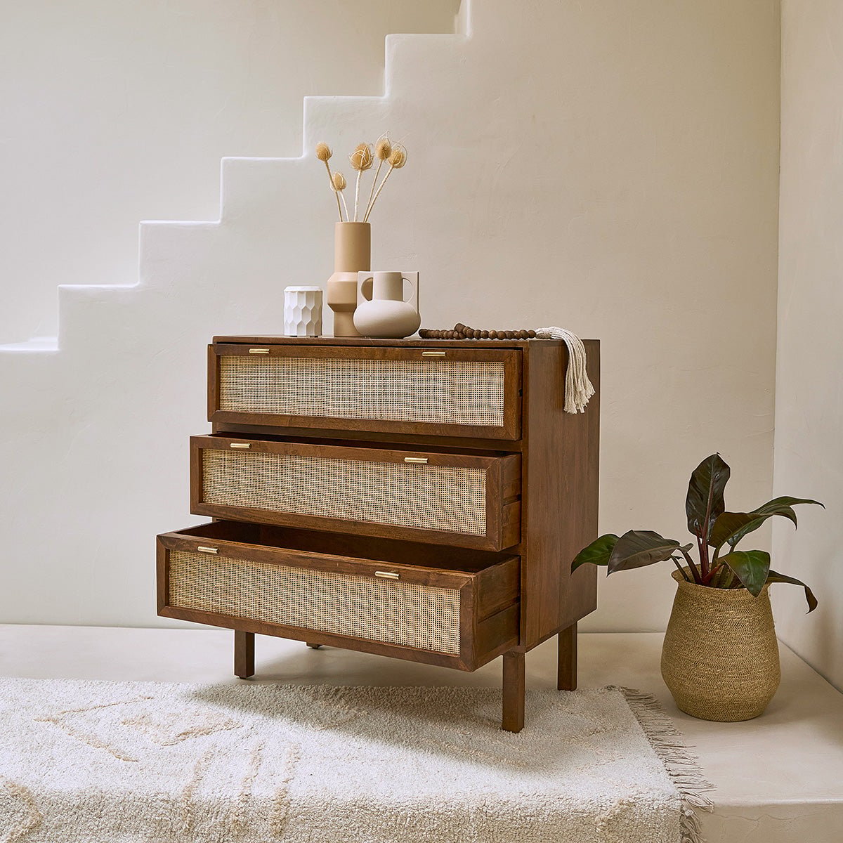 Commode en bois et cannage 90 cm 3 tiroirs RAPHAEL marron, BERAH GETAH