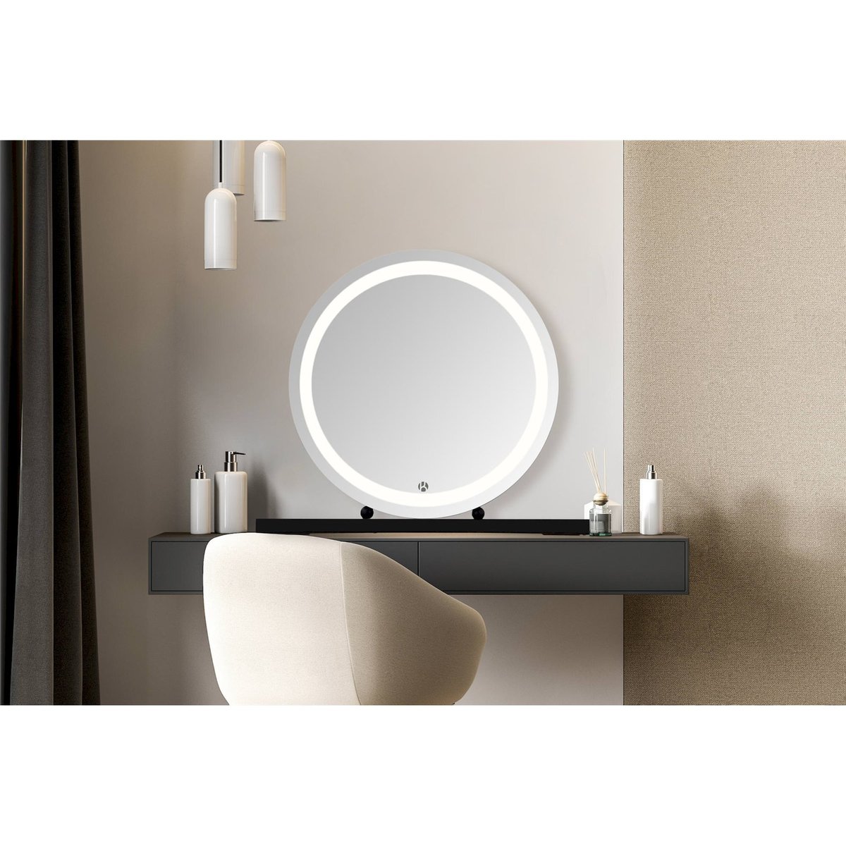 Miroir maquillage en verre rond à LED USB noir mat avec liseré gris, ARTE ESPINA