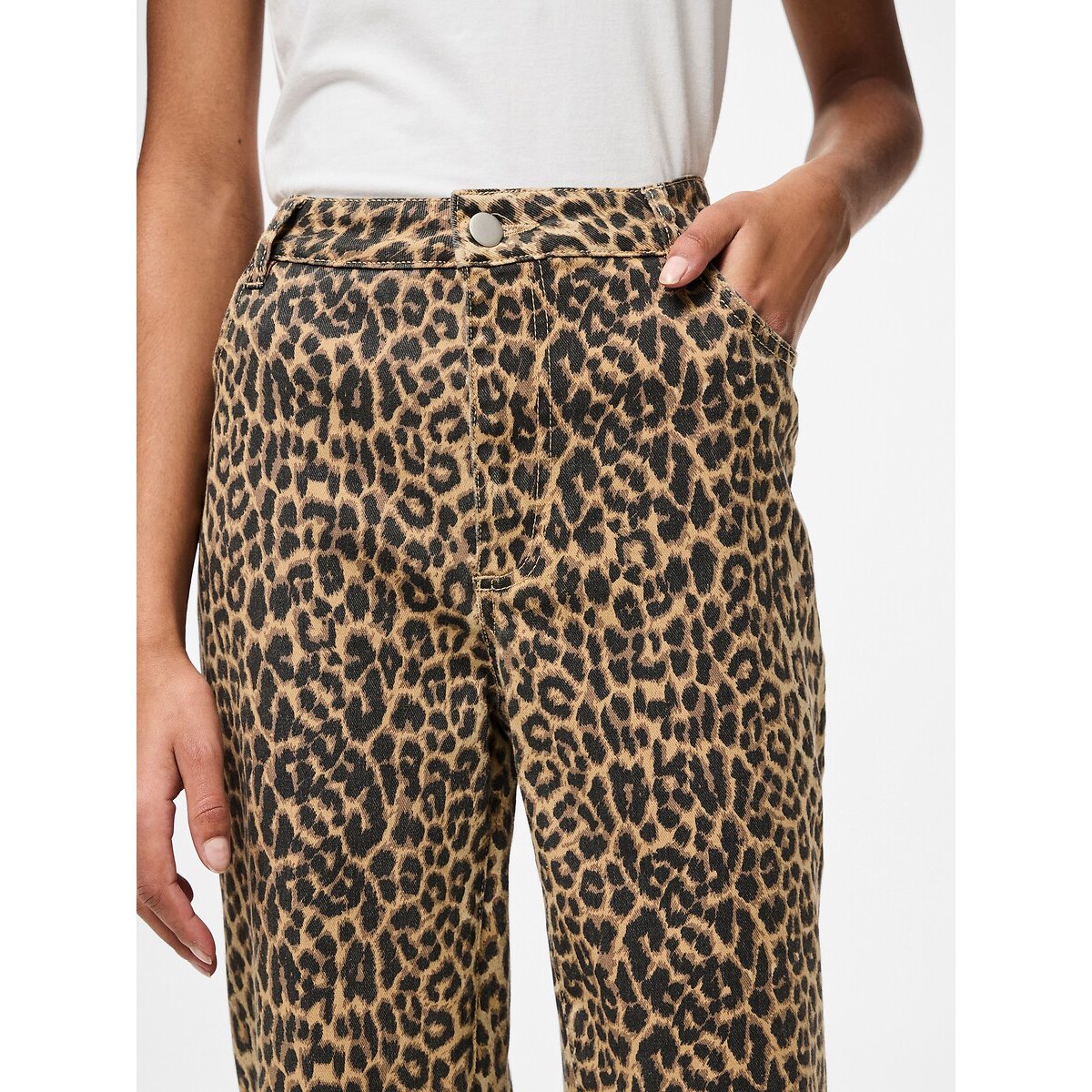 Jeans direitos de leopardo, cintura subida estampado leopardo, PIECES