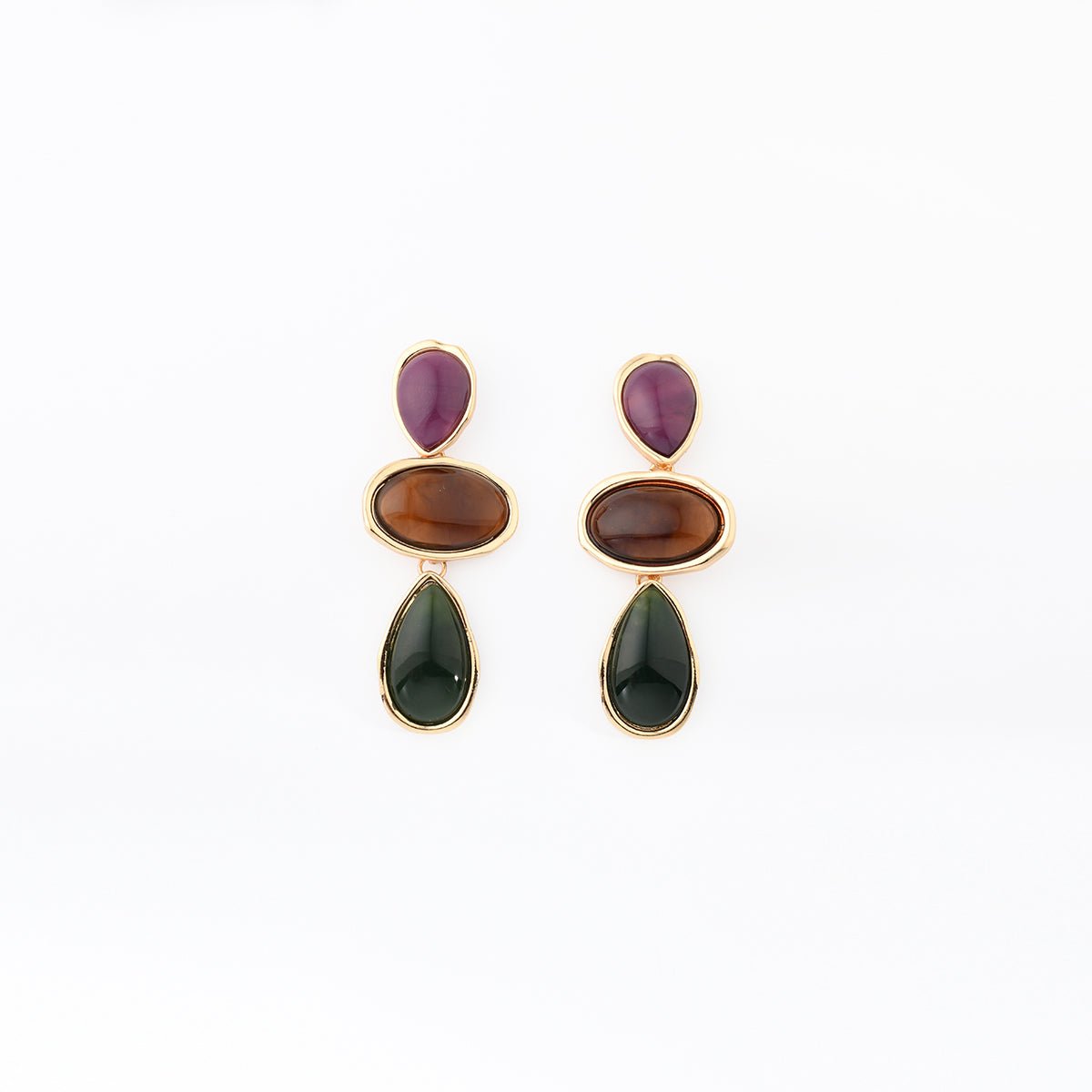 Boucles d'oreilles 3 cabochons violet, marron et vert violet, BALABOOSTE