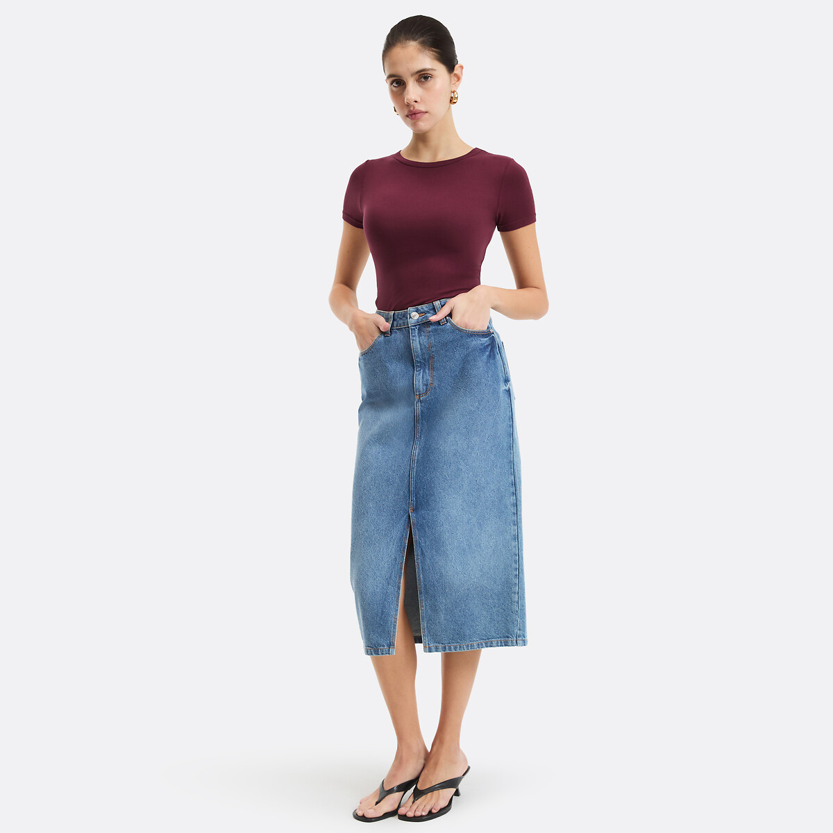 Jupe midi droite en denim bleu stone, LA REDOUTE COLLECTIONS