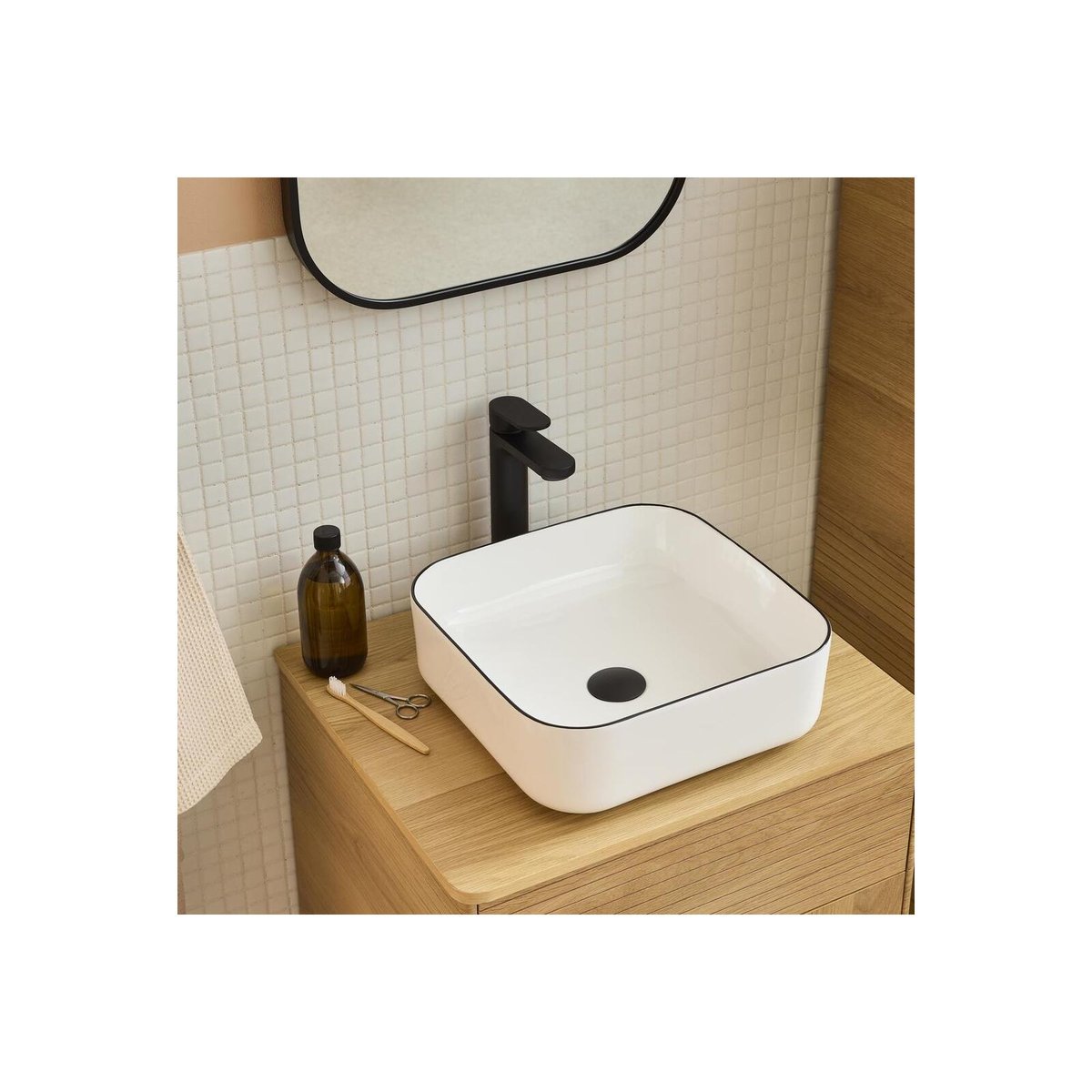 Vasque à poser carrée céramique blanche avec liseret noir 37cm ALIX noir et blanc, MOB IN