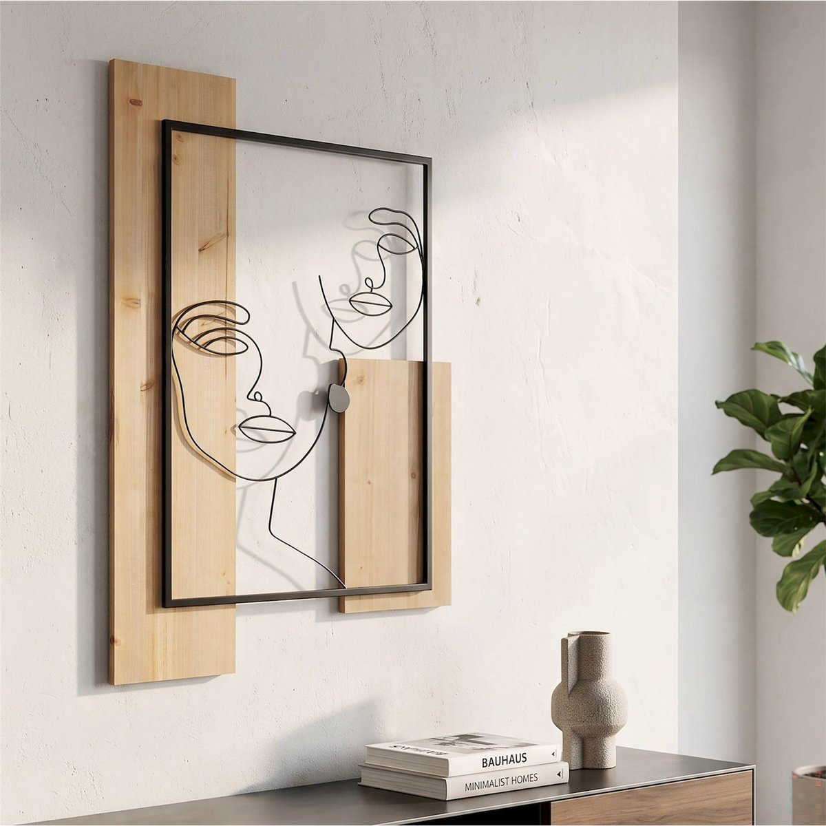 Décoration murale deux visages en fer relief 3d noir et brun, RECOLLECTION