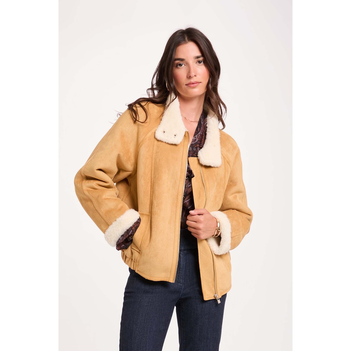 Blouson suédine col montant camel, MORGAN