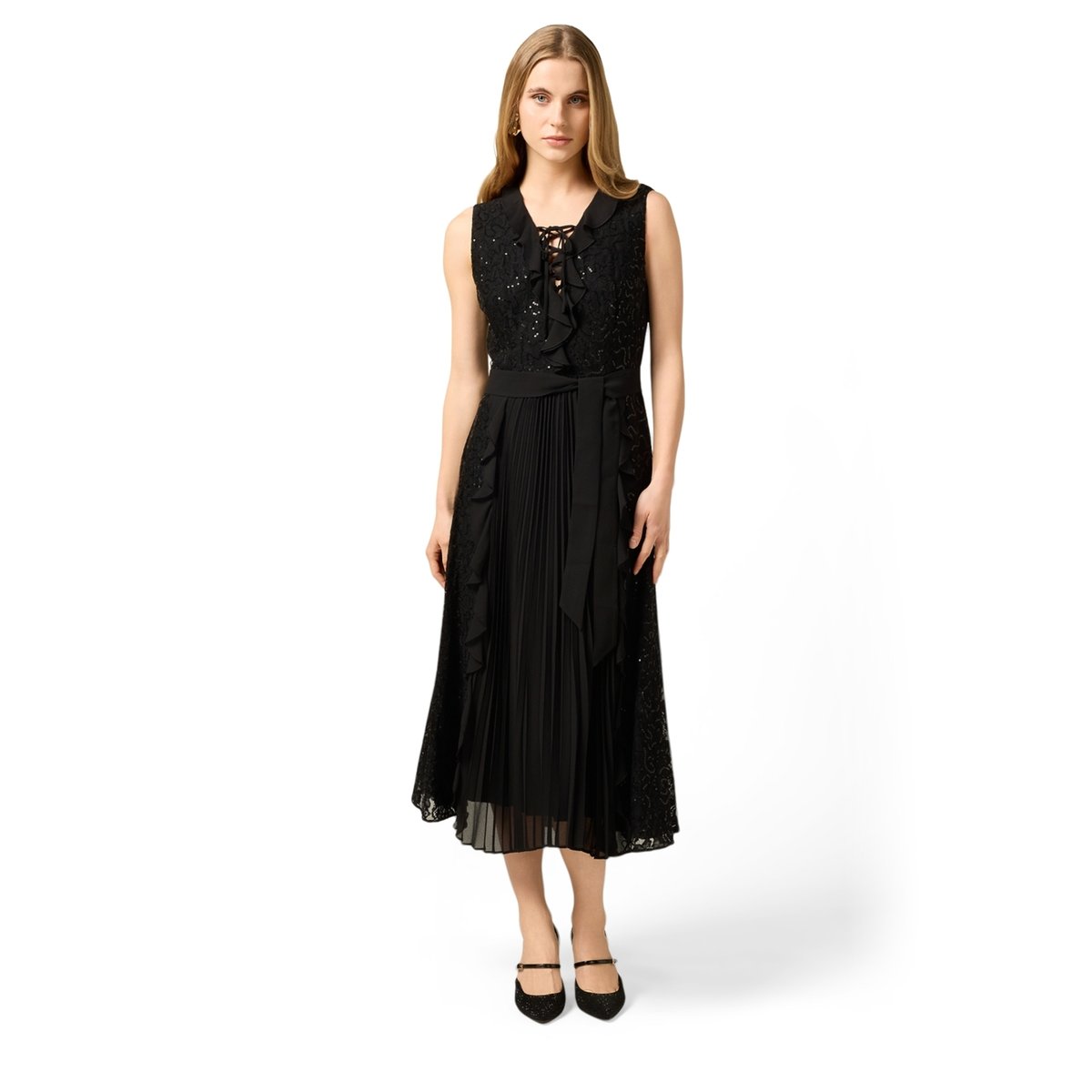 Robe midi à volants et paillettes noir, OLTRE