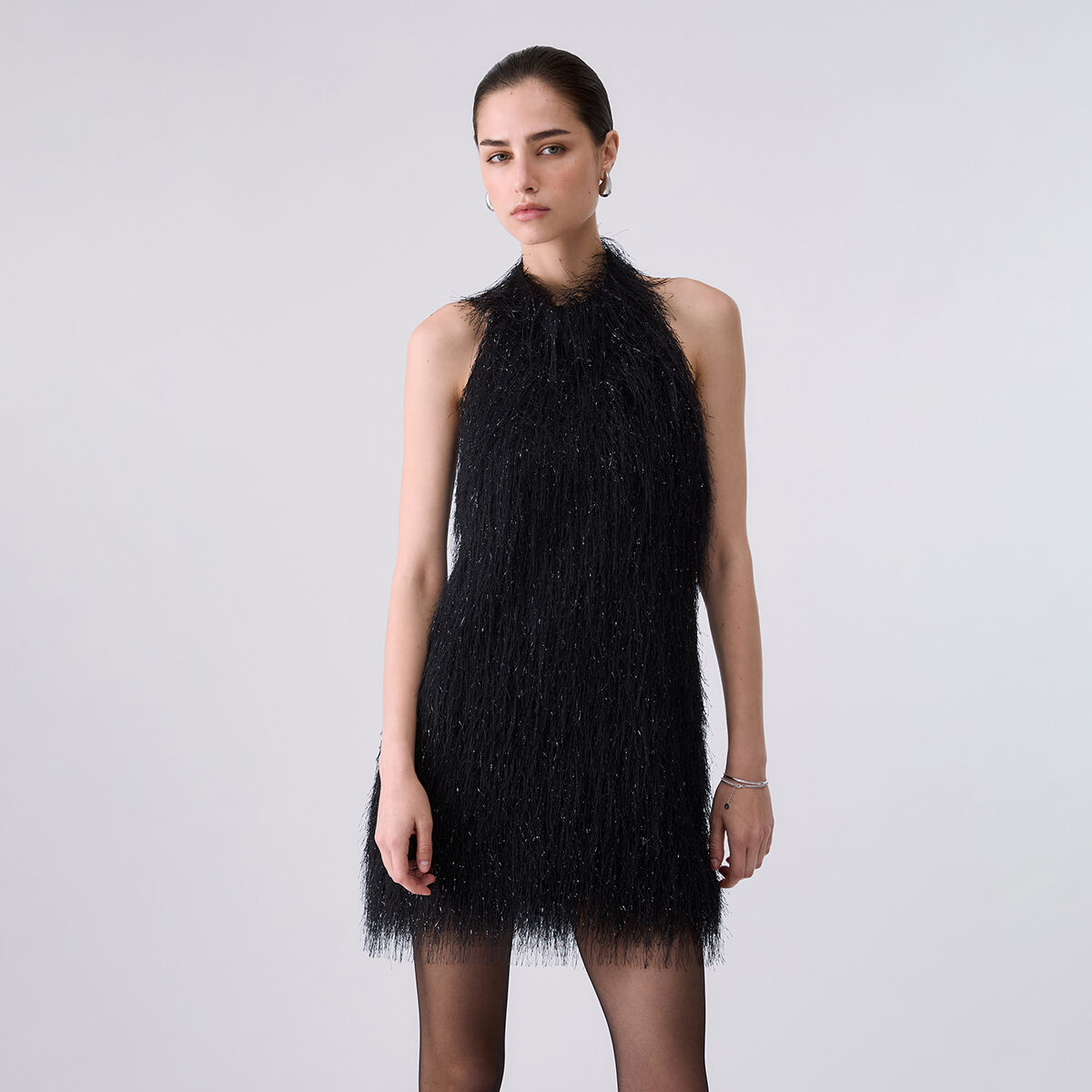 Robe courte en tissu effiloché noir, LIU JO