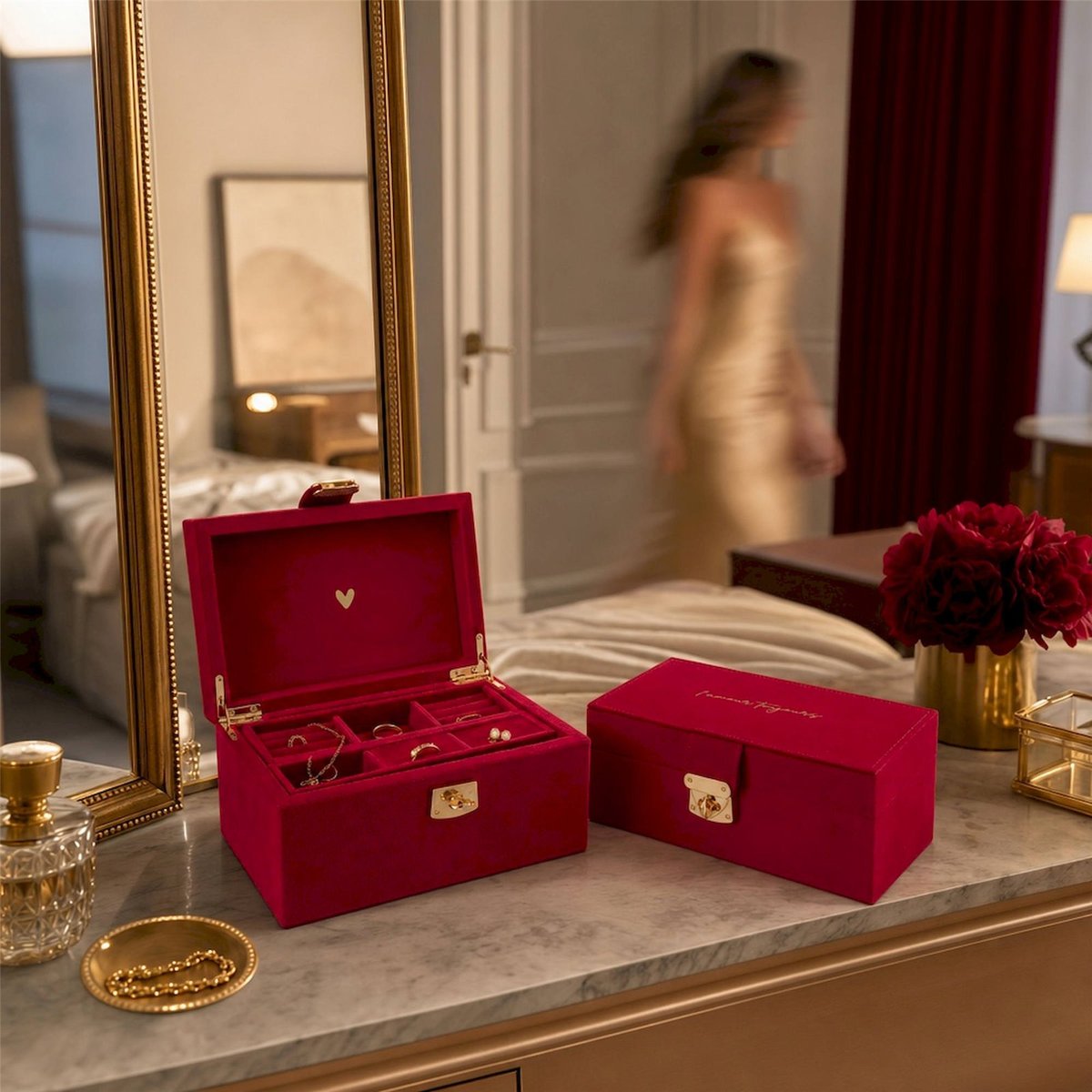 Boîte à bijoux compartimentée en velours rouge carmin, RECOLLECTION