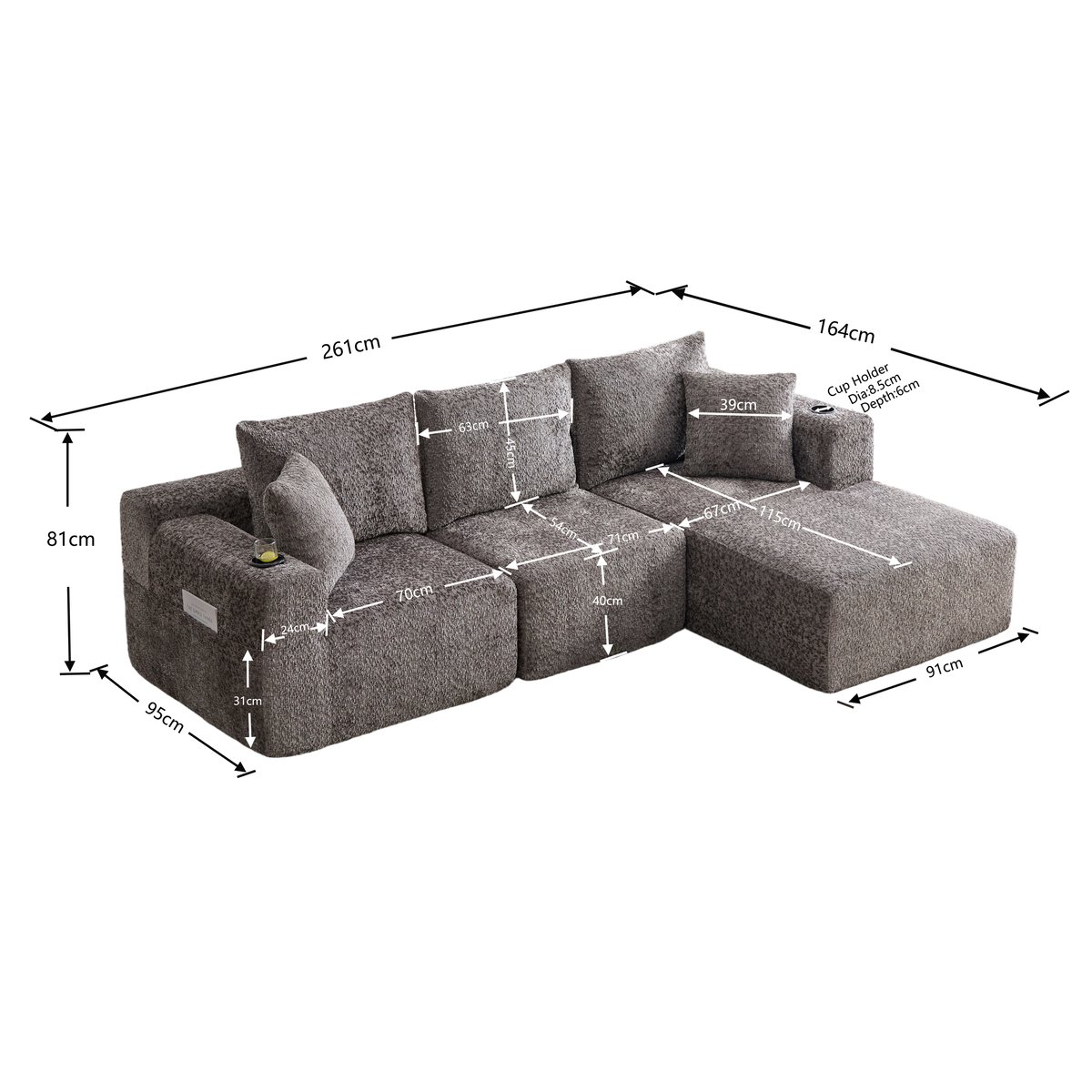 Canapé d'angle compressé 3 places en chenille, LANDIA gris, MEUBLES COSY
