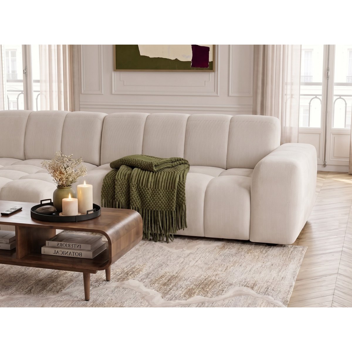 Canapé d'angle convertible 3 places en tissu chenille, THEO beige, BOBOCHIC